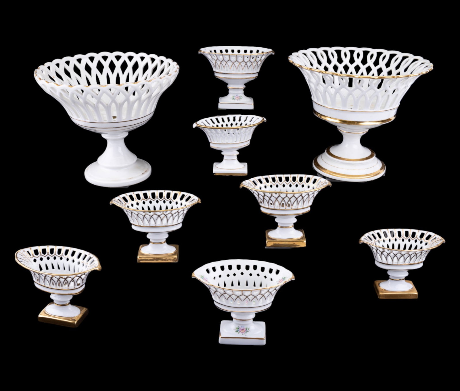 19th/20th C Continental Footed Compotes: 19th & 20th C continental footed compotes, 7 smaller & 2 larger. Larger basket weave compotes are approx. 8" tall & 9" in diameter. Compotes are presumed to be French.