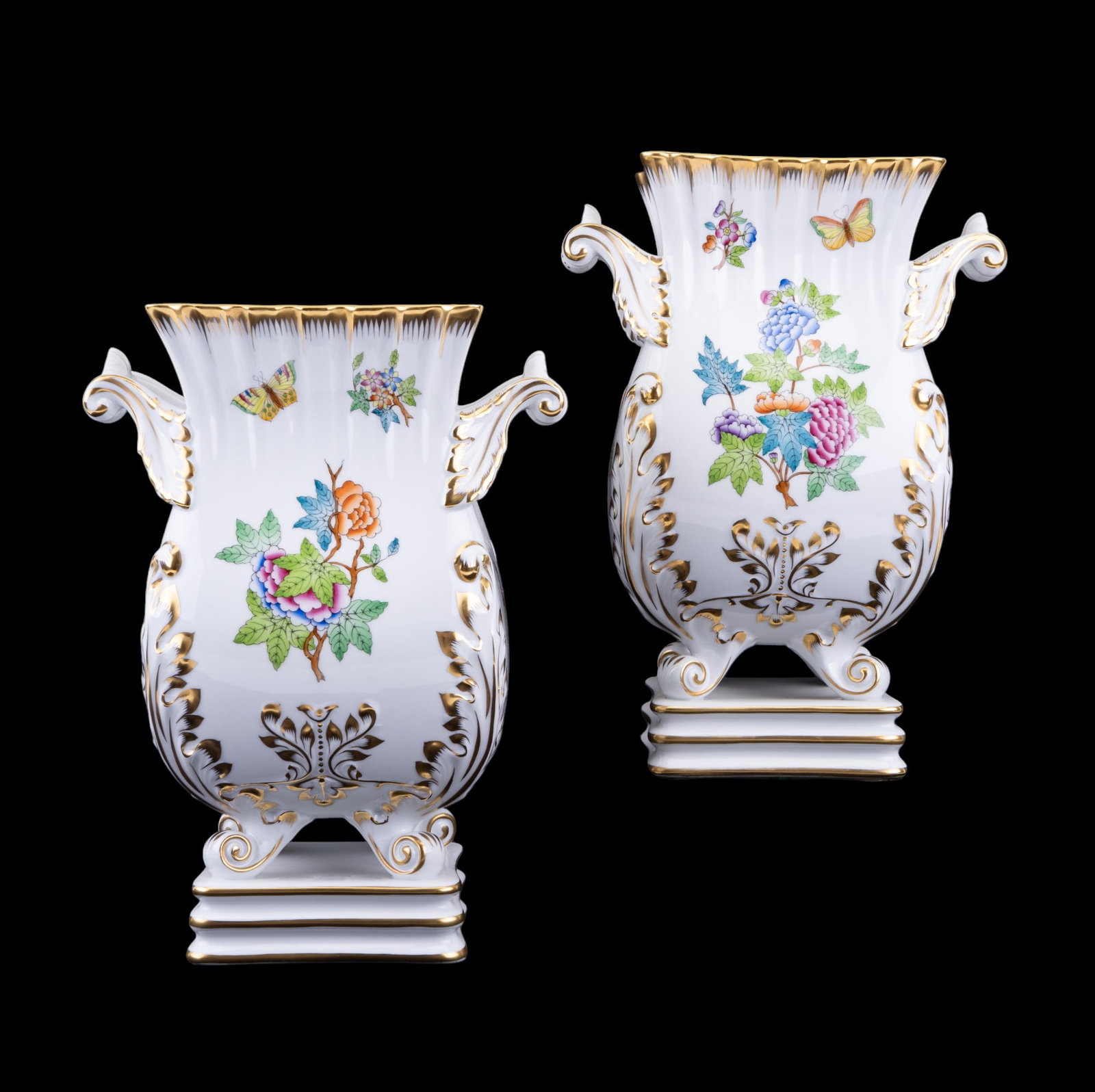 Large Pair Herend Vases, ~11"H: Pair of large Herend porcelain vases w/ floral & butterfly motifs & gilded accents. Vases are approx. 11" tall.