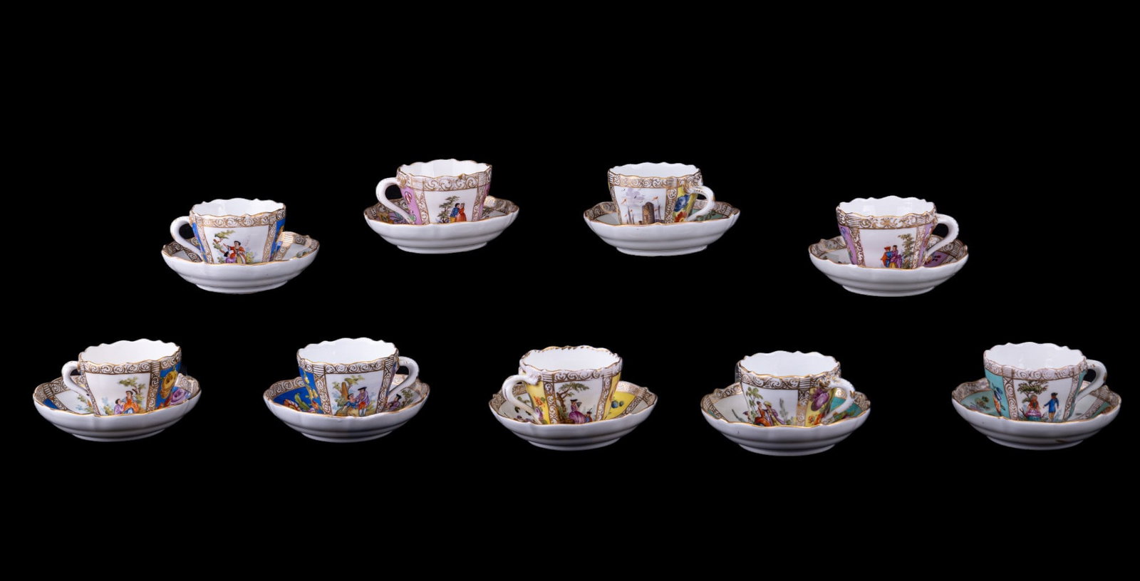 9 Meissen Quatrefoil Floral Cups w/ Saucers: 9 Meissen porcelain floral cups & saucers, Quatrefoil, highly-decorated w/ gilded accents & hand-panted depictions of courting scenes / nobility. Saucers are approx. 4" in diameter. Most or all appear