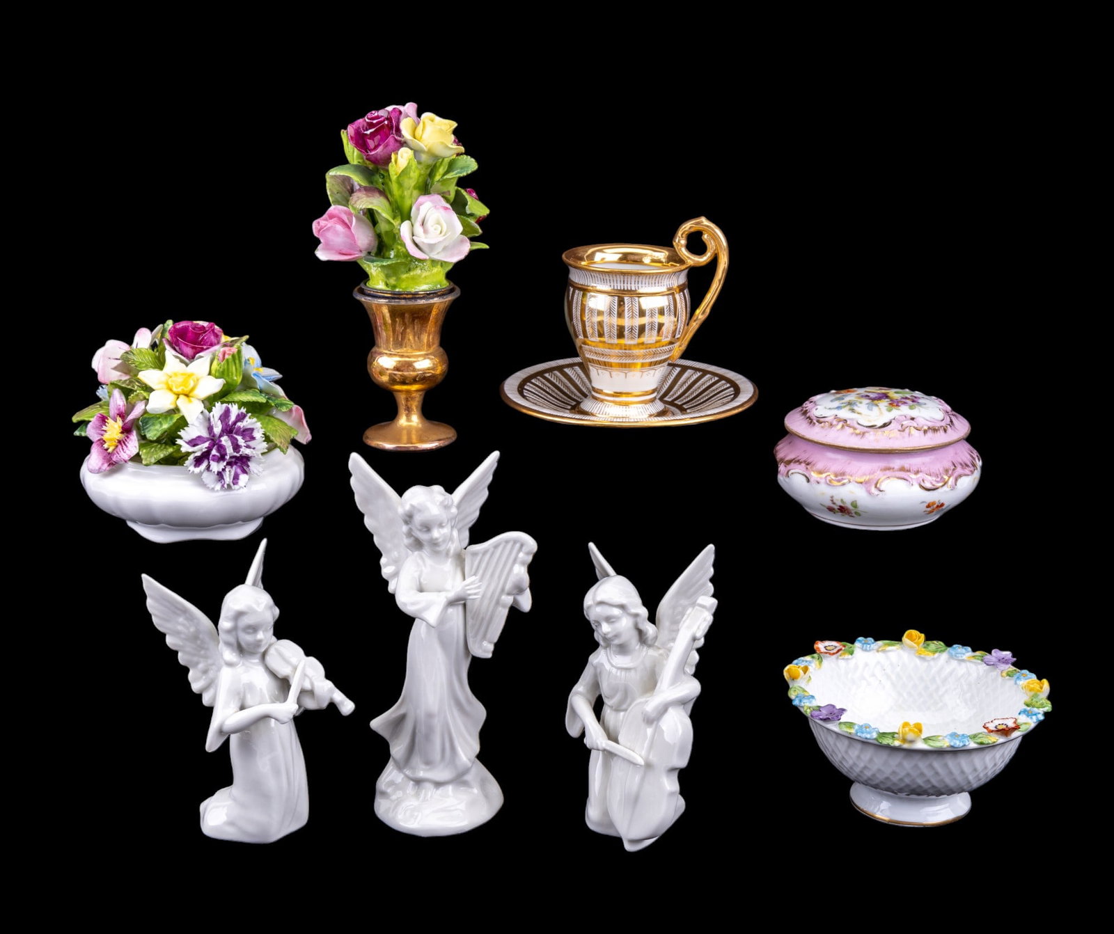 Dresden & Coalport Porcelain Collection: Coalport & Dresden porcelain, including Dresden gilded cup & saucer, Dresden hand-painted dresser box, Coalport porcelain basket w/ flower arrangement, Dresden basket weave porcelain bowl w/ flowers, 