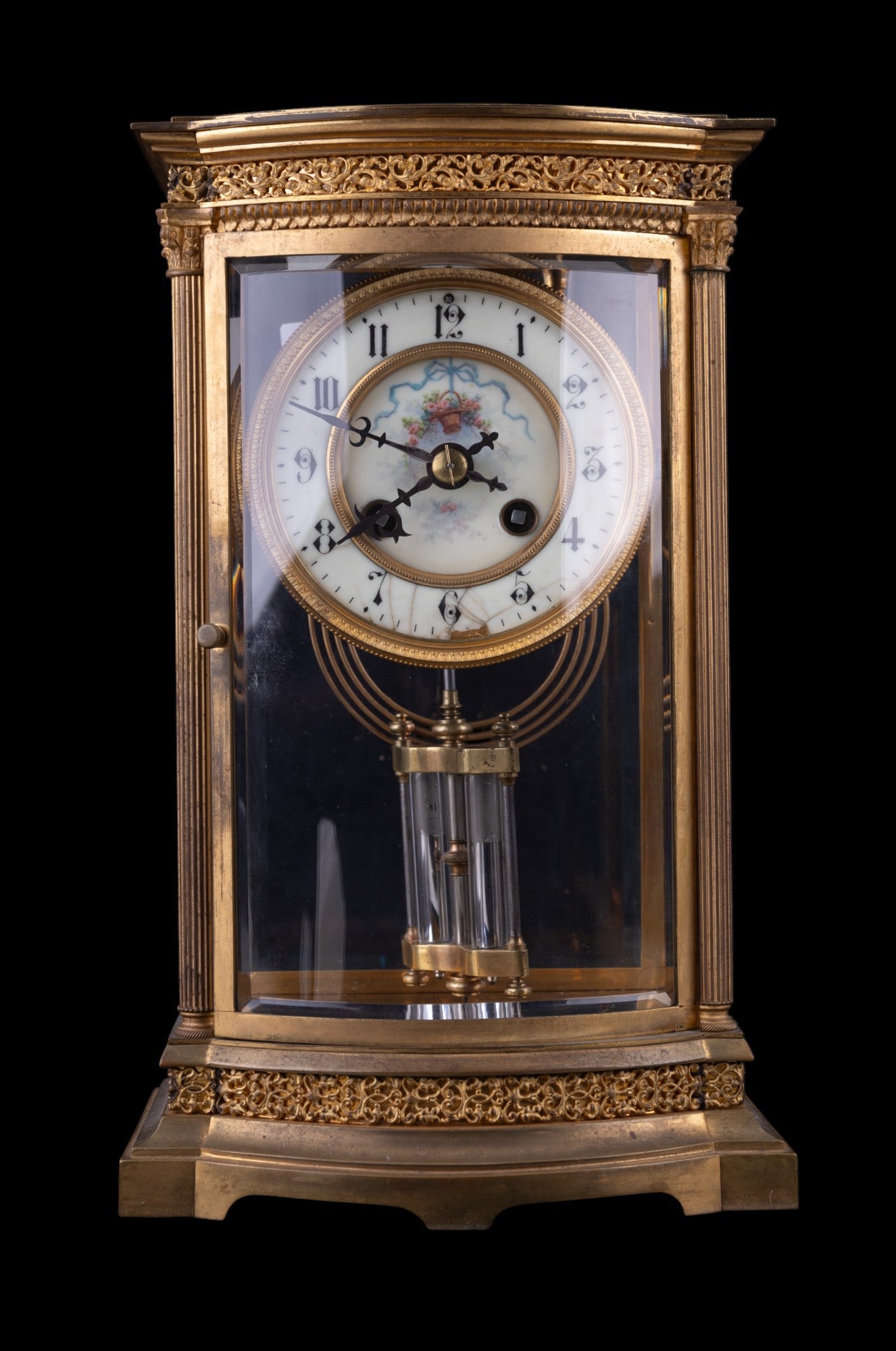 Le Marti Crystal Regulator Carriage Style Clock: French Le Marti crystal regulator carriage style clock w/ floral detailing. Item measures approx. 11.5" tall, 6.75" wide, & 5.5" deep. Clock has not been tested for functionality.