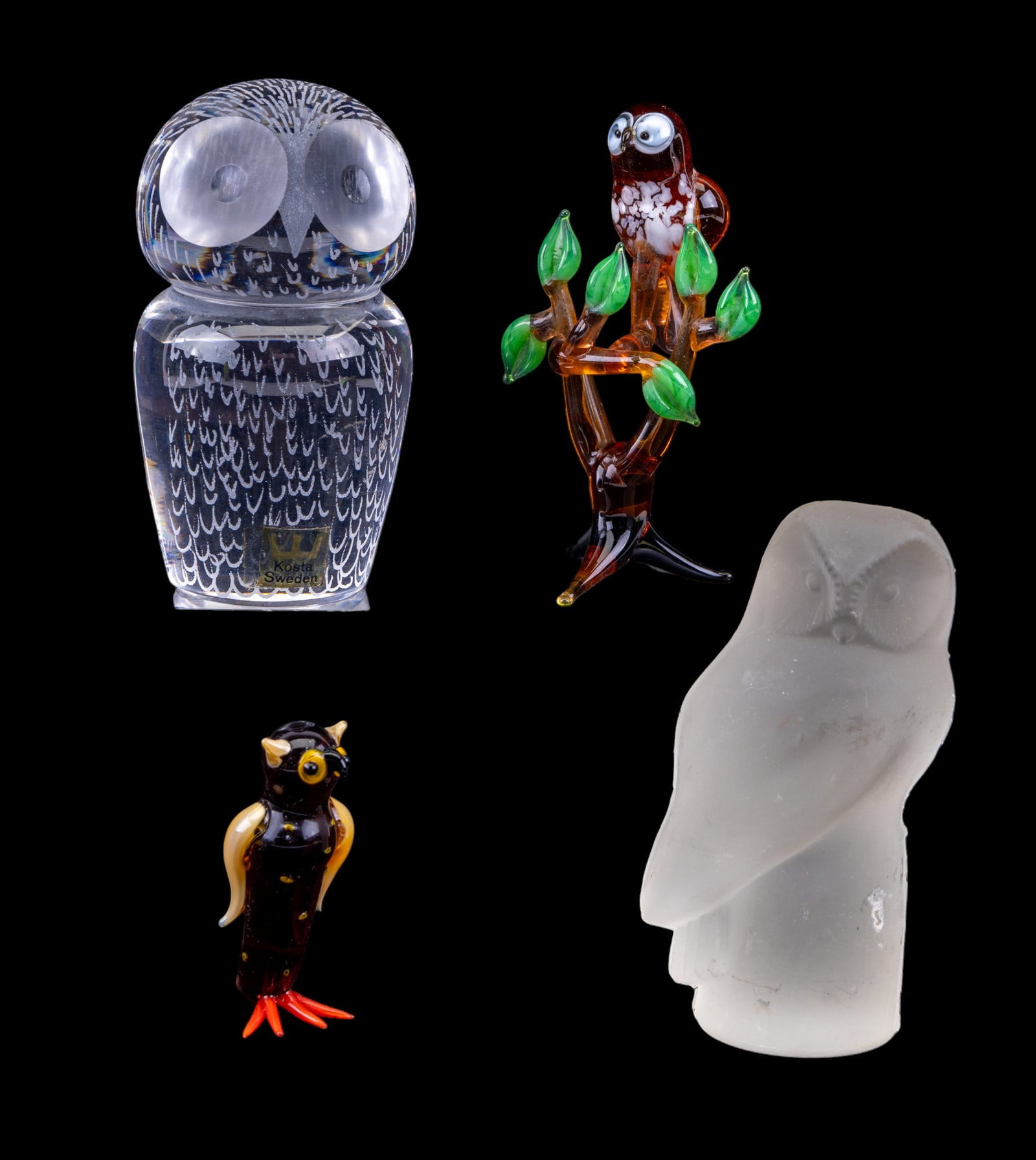 Kosta Owl, Frosted Owl, Murano Glass Owls: Kosta crystal owl, frosted glass owl, & 2 Murano-style colored glass owl figurines. Kosta owl is approx. 3.5" tall