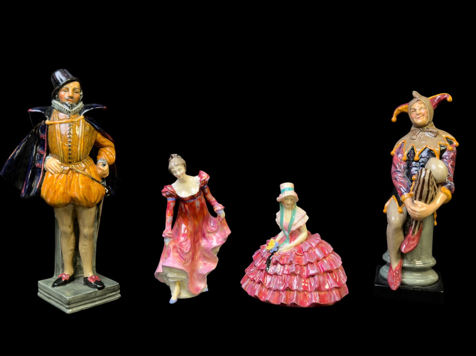 Royal Doulton Figurines (4): 4 Royal Doulton porcelain figurines, including Minuet (large crack along back), Chloe, The Jester, & Sir Walter Raleigh. Sir Walter Raleigh is approx. 11.5" tall.