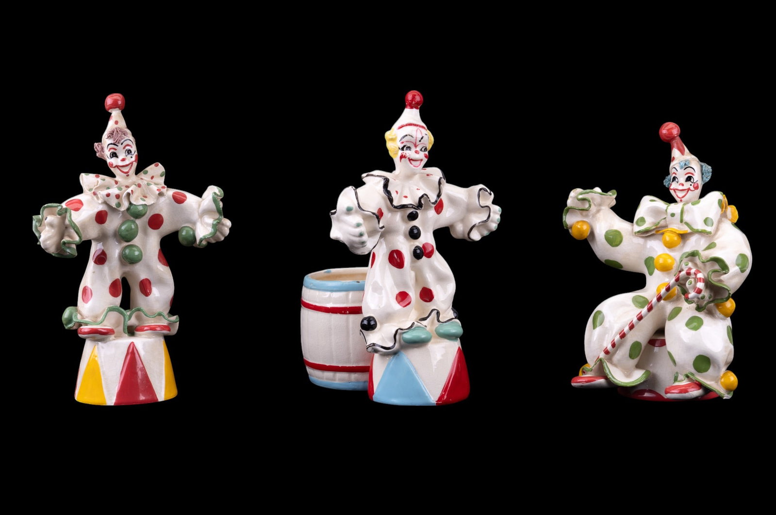 NAPCO Clown Figurines (3): 3 porcelain NAPCO clown figurines. The tallest is approx 7" tall.