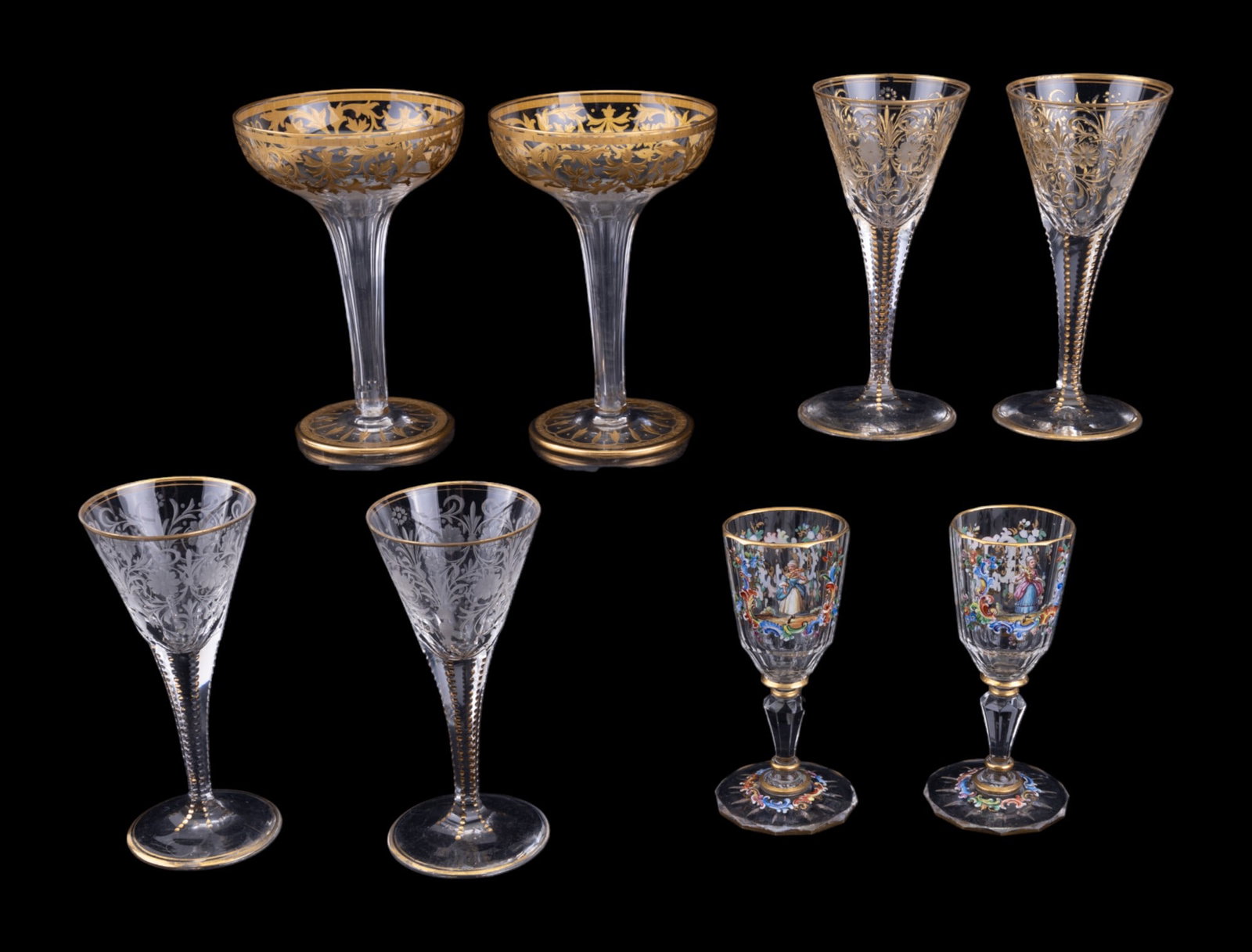 19th C Stemware, Bohemian / Moser Glass: 19th C cordials / stemware. Grouping includes Bohemian / Moser glass pair of champagne flutes, 4 matching cordials (some loss to gilding on 2 of them), & a pair of cordials w/ hand-painted enamel deco