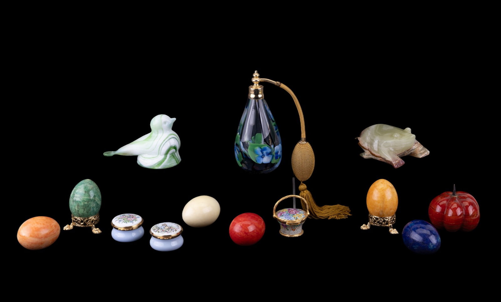 Signed Perfume, Stone Eggs & Fruit, Halcyon Days: Signe perfume bottle w/ floral motif, 6 stone Easter eggs of different colors, Halcyon Days enamel box, 2 Worchester Kingsbury enameled trinket boxes, light green stone frog, Kanawha Hand Crafted Glas