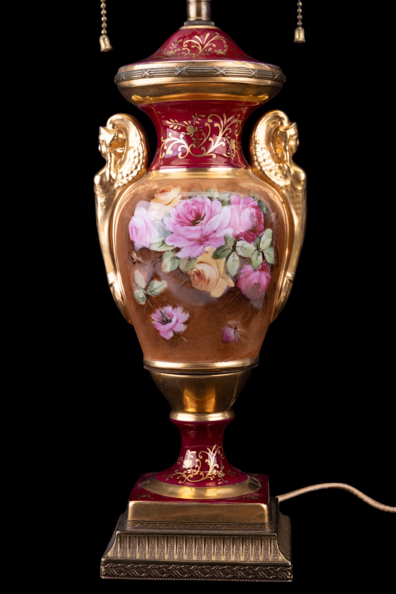 Hand-Painted Porcelain Floral Lamp w/ Metal Base: Egyptian Revival hand-painted porcelain floral lamp w/ metal base approx 25.5" H to top of finial. Porcelain body is signed ?Rean". Circa 1940s, untested / old / original cloth wiring.