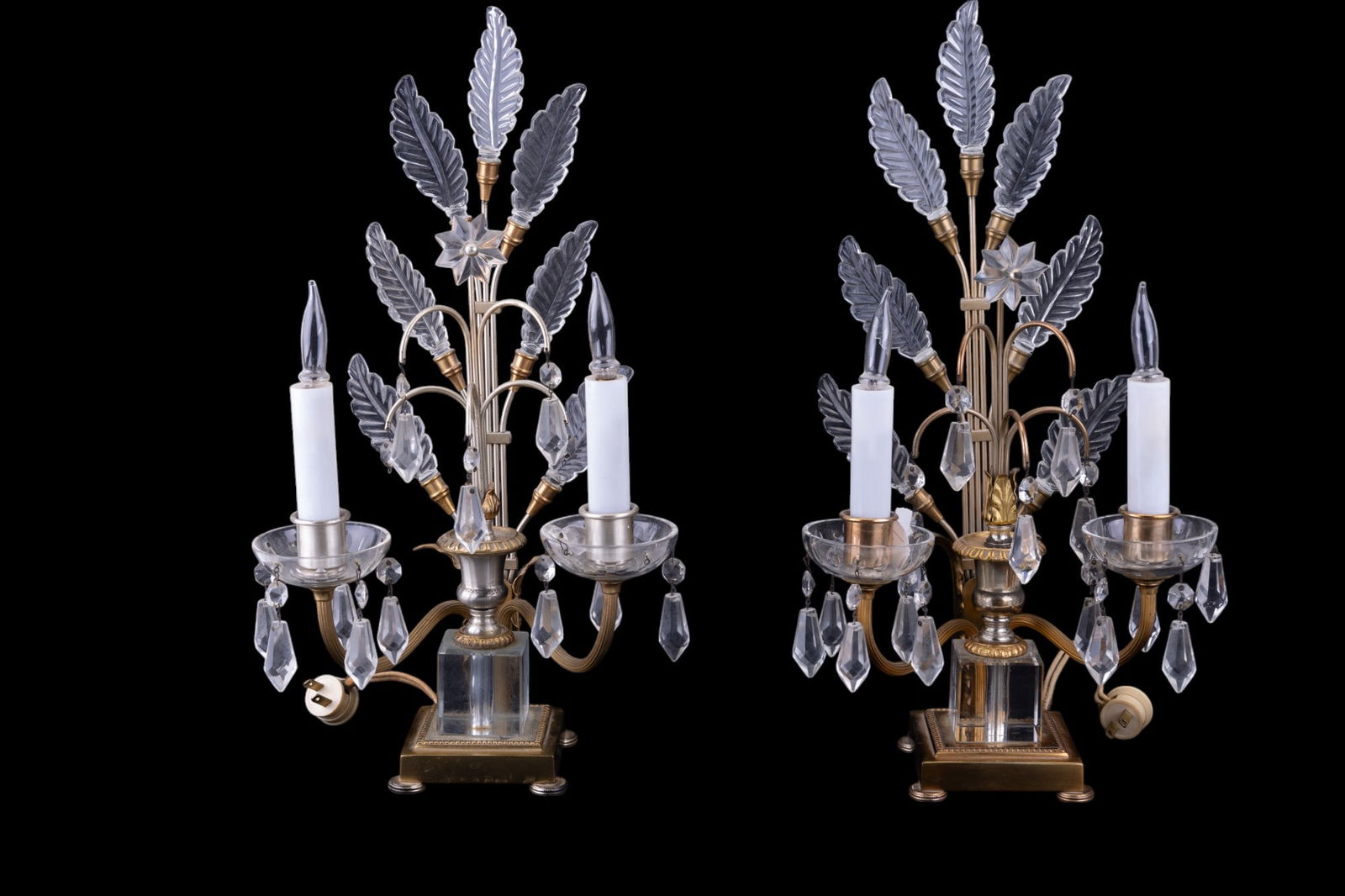 Pair of Metal Crystal Table Lamps: Metal and crystal table lamps are c. 1940s and approx. 18" H. They have faux candlesticks & glass leaf motifs. Untested, old / original wiring.