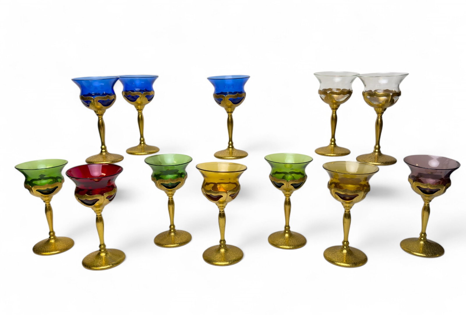 Farber Bros N.Y.C. Colored Wine Glasses (12): Set of 12 Farber Bros N.Y.C. multicolor wine glasses w/ cast metal bases & primary color glass inserts. Glasses are marked on bottom & measure approx. 6" tall.