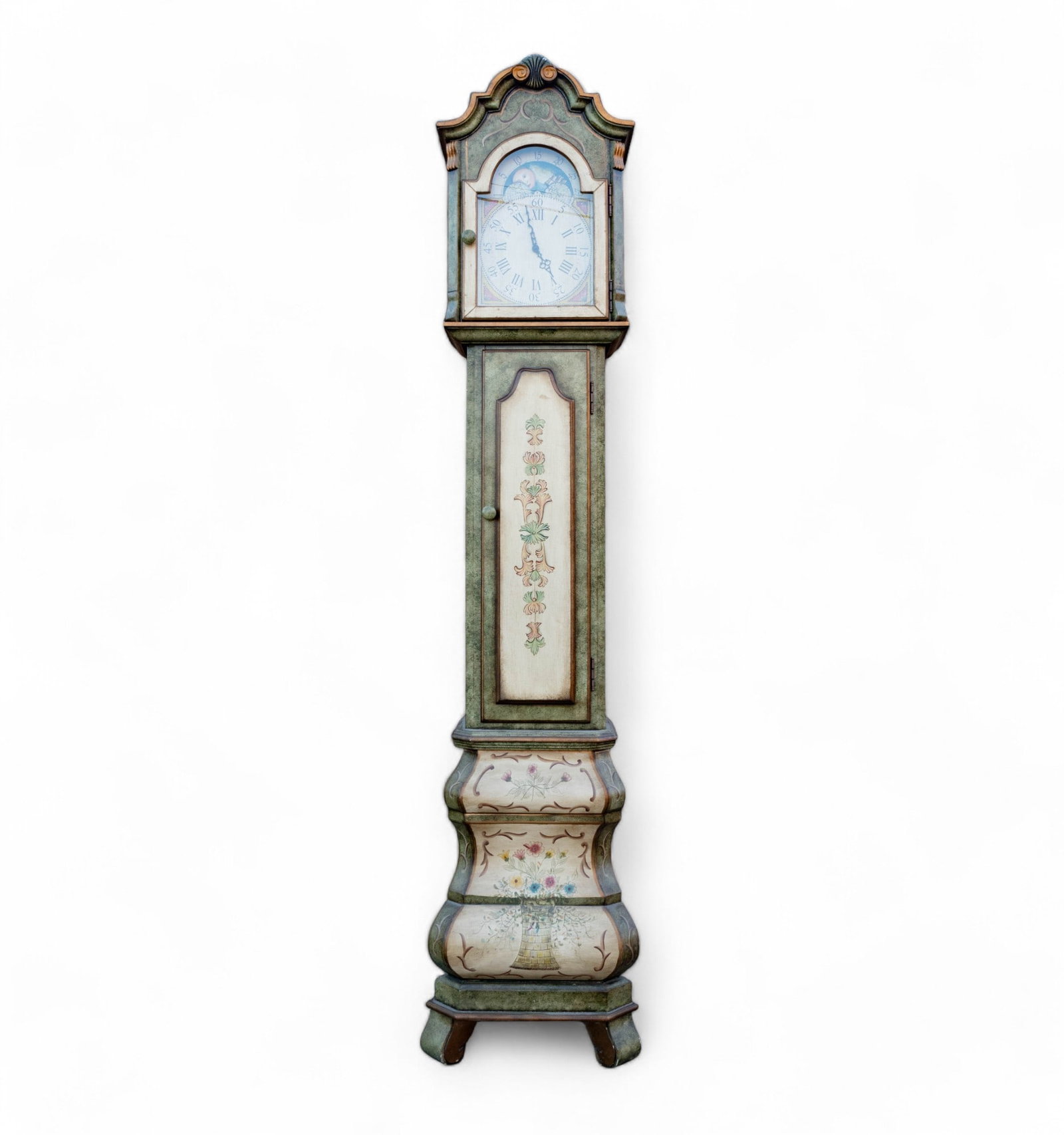 French Provincial-Style Tall Clock: Contemporary French provincial-style clock w/ rotating moon face design & battery-operated speaker w/ chimes. Interior has 2 shelves. Item measures approx. 82" tall, 13" wide, & 10" deep. Untested.