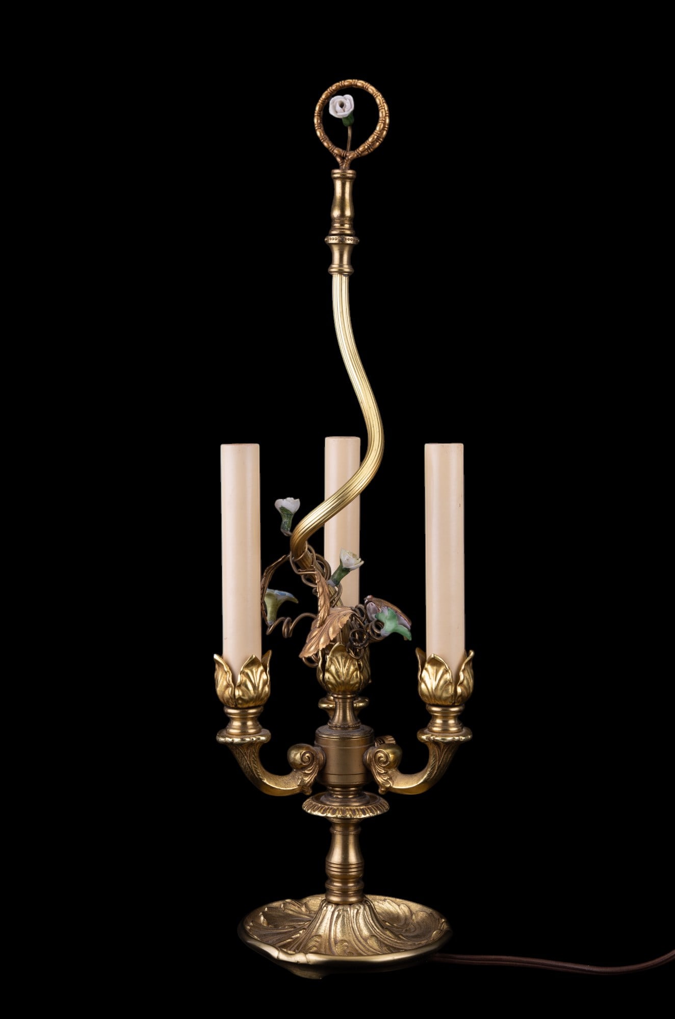 Bronze(d) & Enameled Lamp w/ Floral Candlesticks: Bronze/bronzed & enameled lamp w/ 3 candlesticks surrounded by floral/leaf motifs, measuring approx. 21.5" to top of finial.