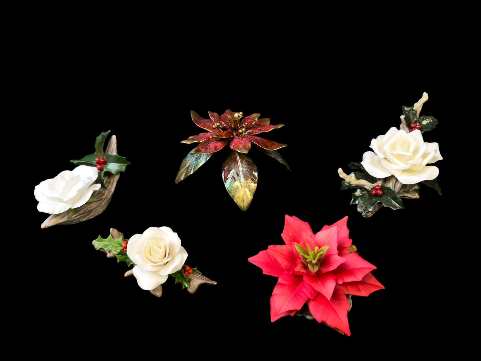 Boehm, Porcelain Christmas Flower Arrangements: Porcelain Christmas/Holiday flower arrangements, including 2 by Boehm, 1 by Cybys, 1 by Golden Crown E&R Italy, & a metal Nieman-Marcus Italy flower w/ original tag. Nieman-Marcus flower is approx. 8"