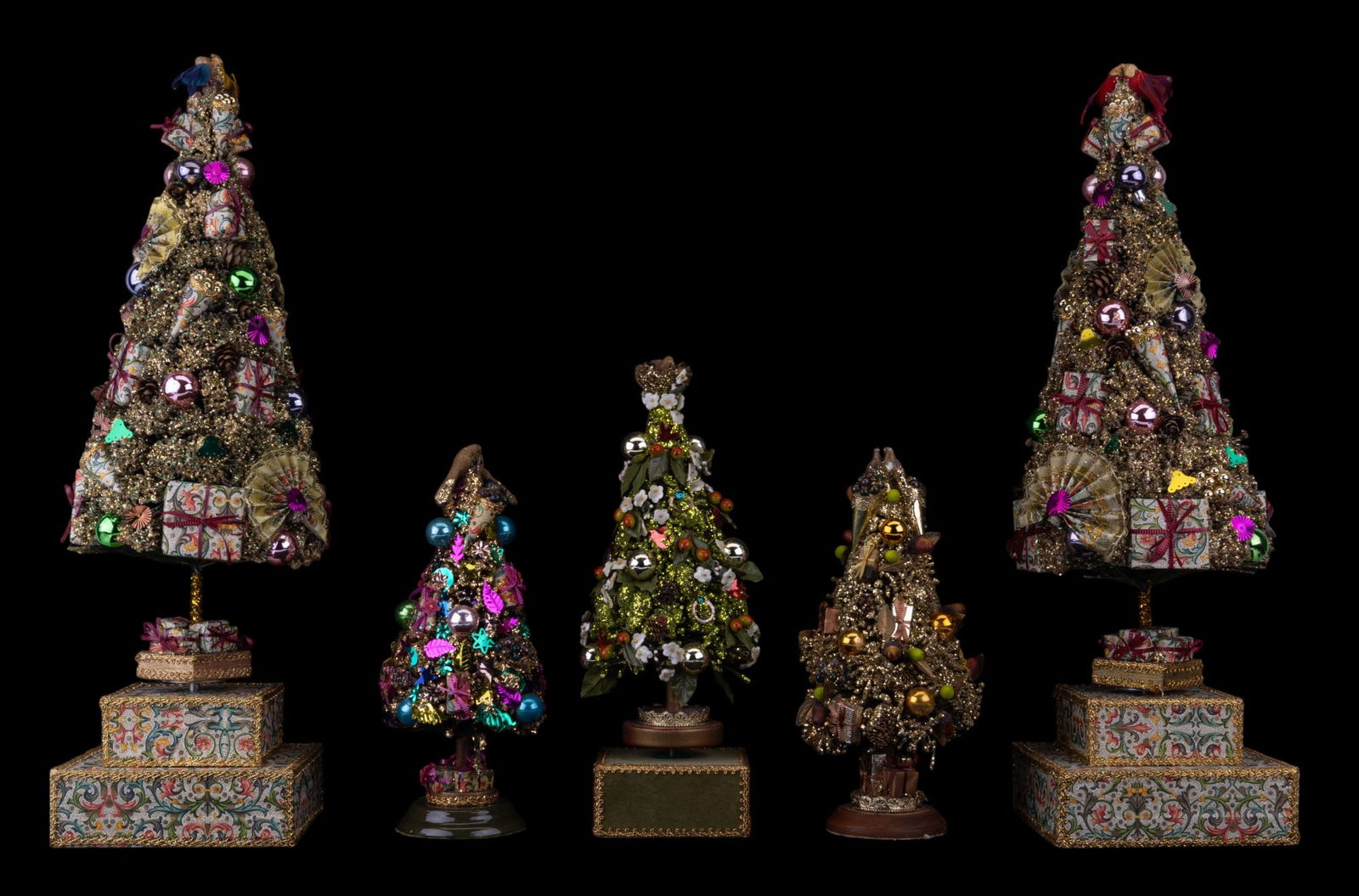 Colorful Christmas Tree Music Boxes (5): 5 Victorian-style music box Christmas trees, 2 of them large. Tallest measures approx. 21" tall.