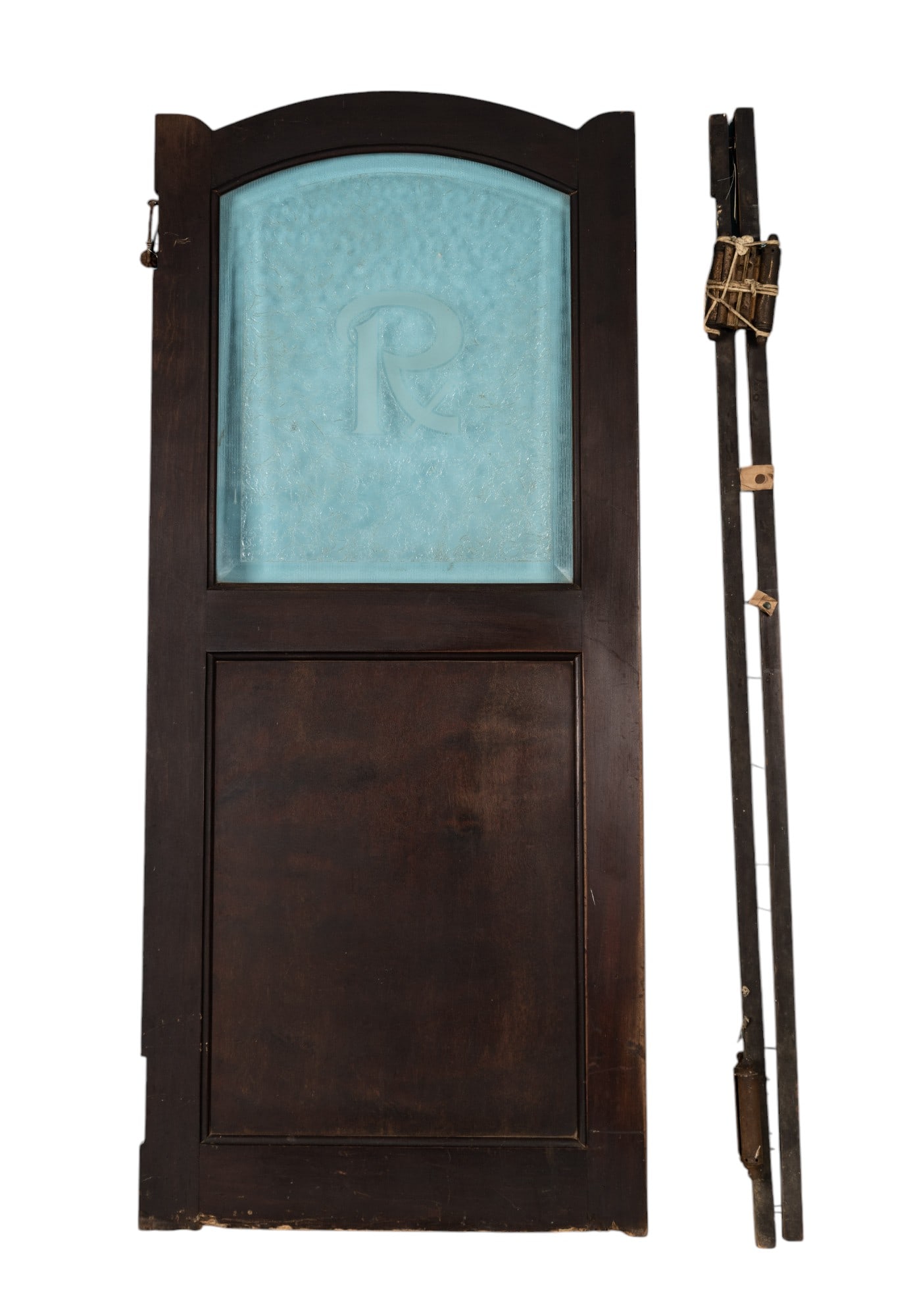 Antique Etched Glass Pharmacy Door: Antique beveled and etched glass and wood pharmacy parlor door with jamb and hinges, 24x54", very minor wear.