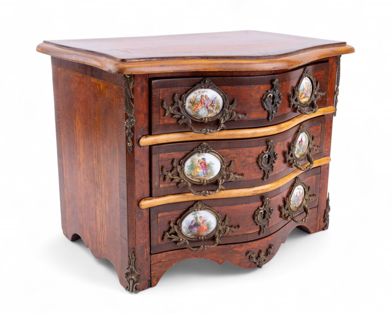 Miniature French Dresser w/ Sevres Style Tiles: Antique miniature French chest of drawers with Sevres style porcelain tiles and ormolu hardware and accents measuring approx. 10.5" H x 14" W x 8.5" D. Sample size.