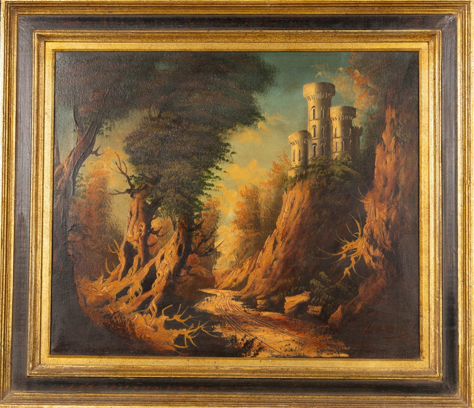 Italian School Style Castle Painting by "Baroni": Italian school style oil on 20" x 24" canvas of mountainside castle overlooking road and stylized tress signed "Baroni" LR in decorative frame measuring approx. 30" W x 26" H. Some craquelure is prese