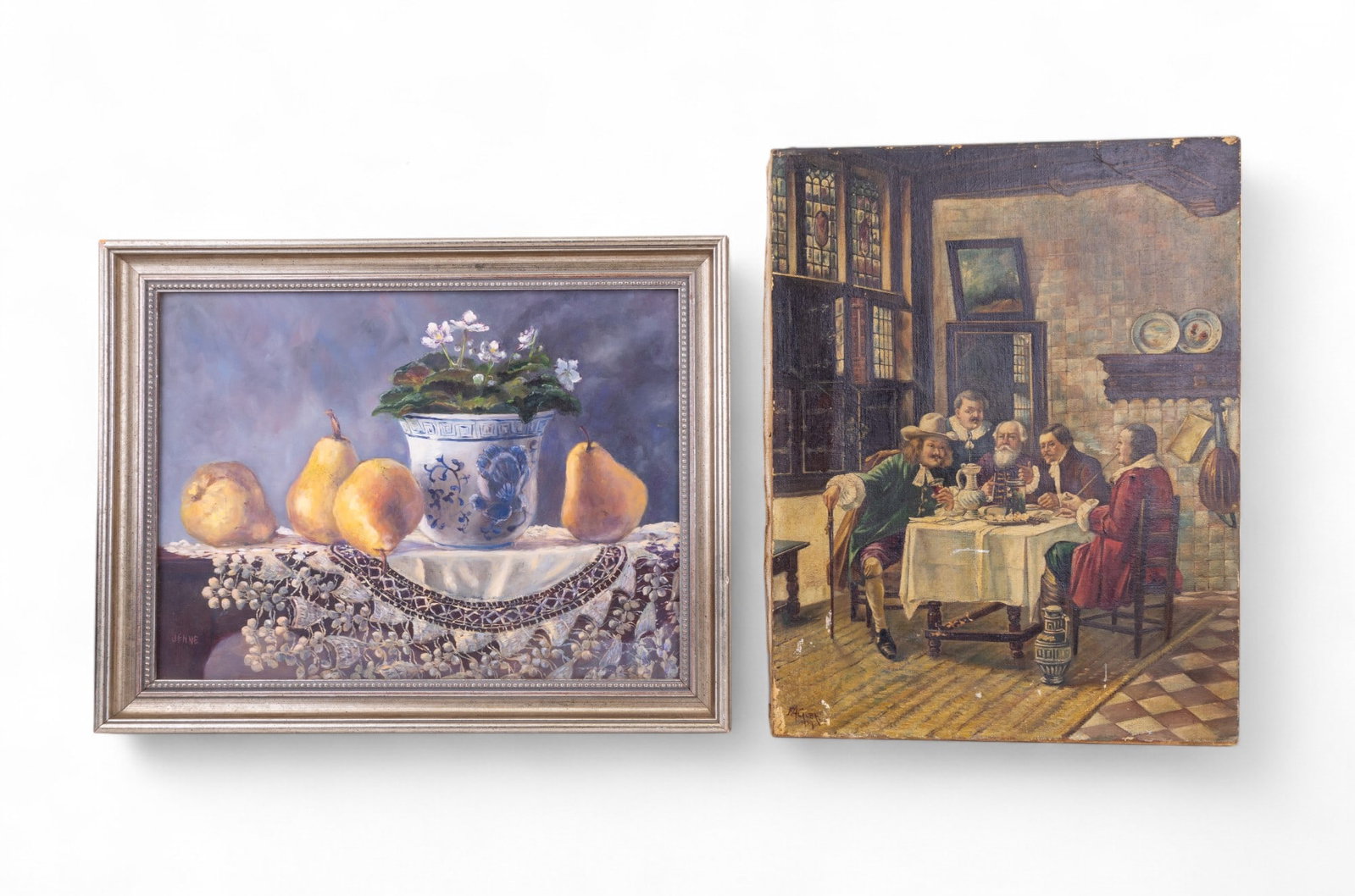F.A. Guba (CZ 1867-1938) & Sharon Jenne Paintings: "The Dinner Party" by Frank Adolf Guba (CZ 1867-1938) oil on 13" W x 17" H canvas with some wear and paint loss signed "F.A. Guba - 1909" Oil on 12" x 16" panel still life by Sharon Jenne signed "Jenn