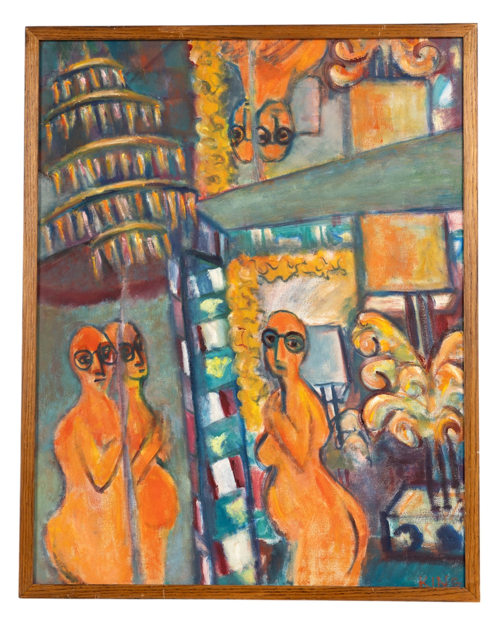 Vintage Fauvist Style Oil on Canvas by Judy King: "Room at Caeser's Palace" by Judy King oil on 22" x 28" canvas depicting nude figure with glasses reflected in multiple mirrors with chandelier signed "King" LR in minimal oak frame - signed, titled, 