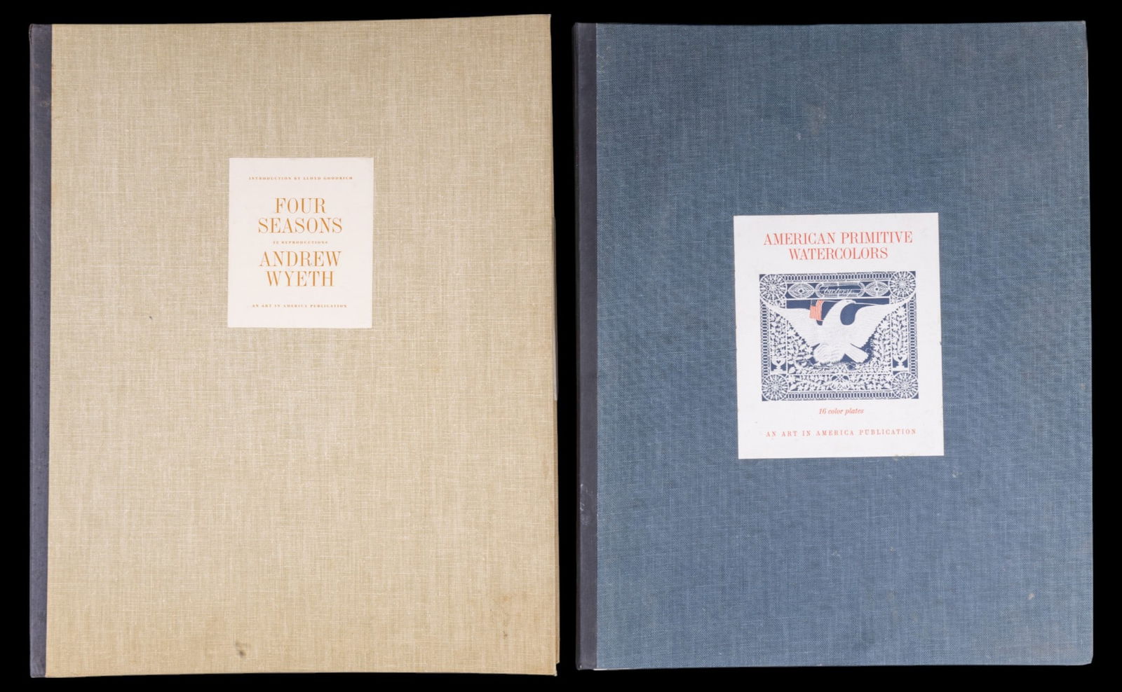 Andrew Wyeth and Primitive Watercolors Folios: 2 Art in America folios featuring Andrew Wyeth (AM 1917-1909) "The Four Seasons - 12 Reproductions" with 4 page preface and 12 color reproductions on 13" x 17" paper in a linen covered folio - some pr