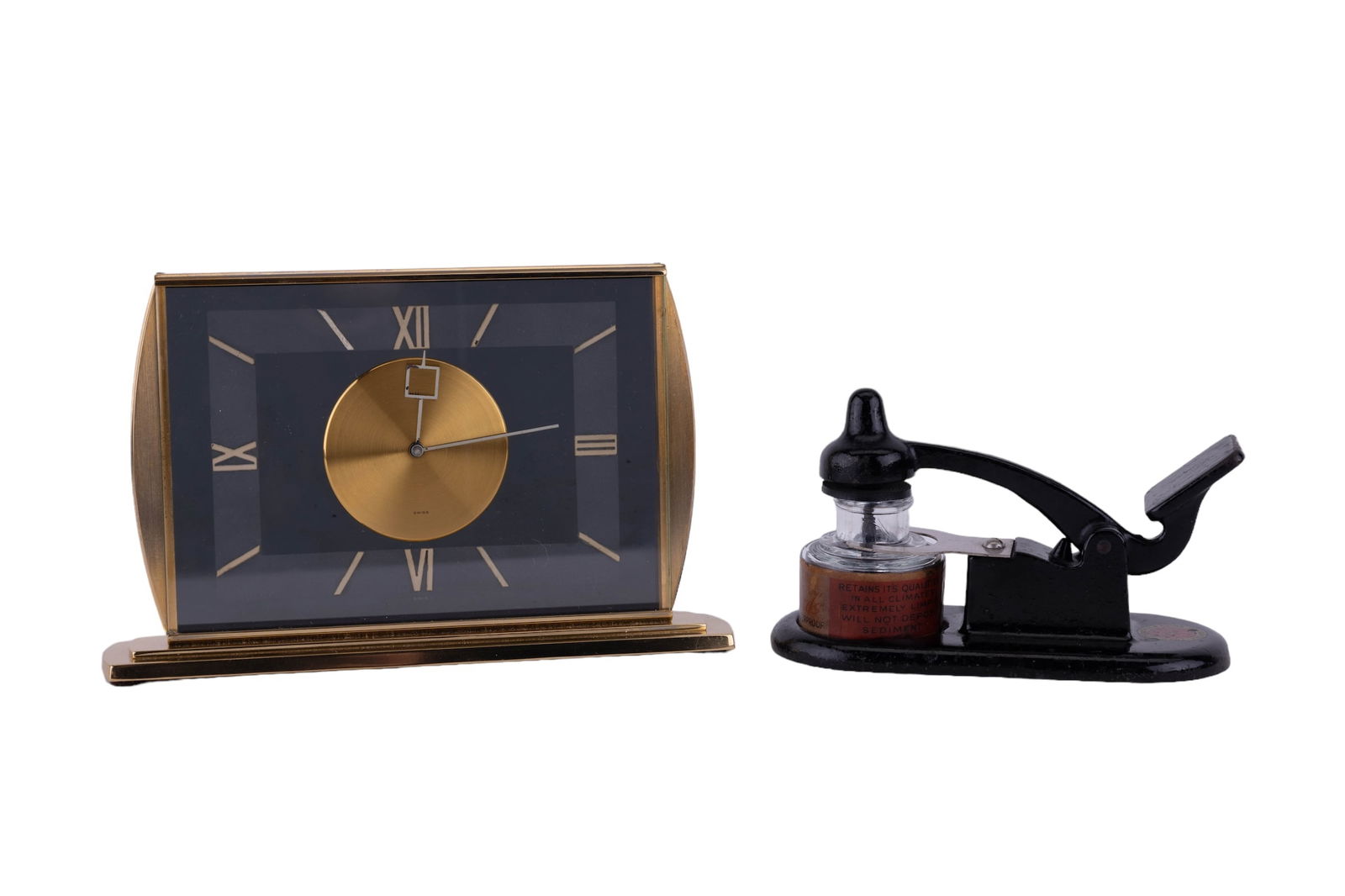 Antique Phila Inkwell & Swiss Desk Clock: Rare, unusual, antique 1930s American Theo. Alteneder & Sons of Philadelphia PA drafting inkwell. Measures approx 5.25" L x 3.5" H. Also includes an M Hof vintage brass and glass winding desktop clock