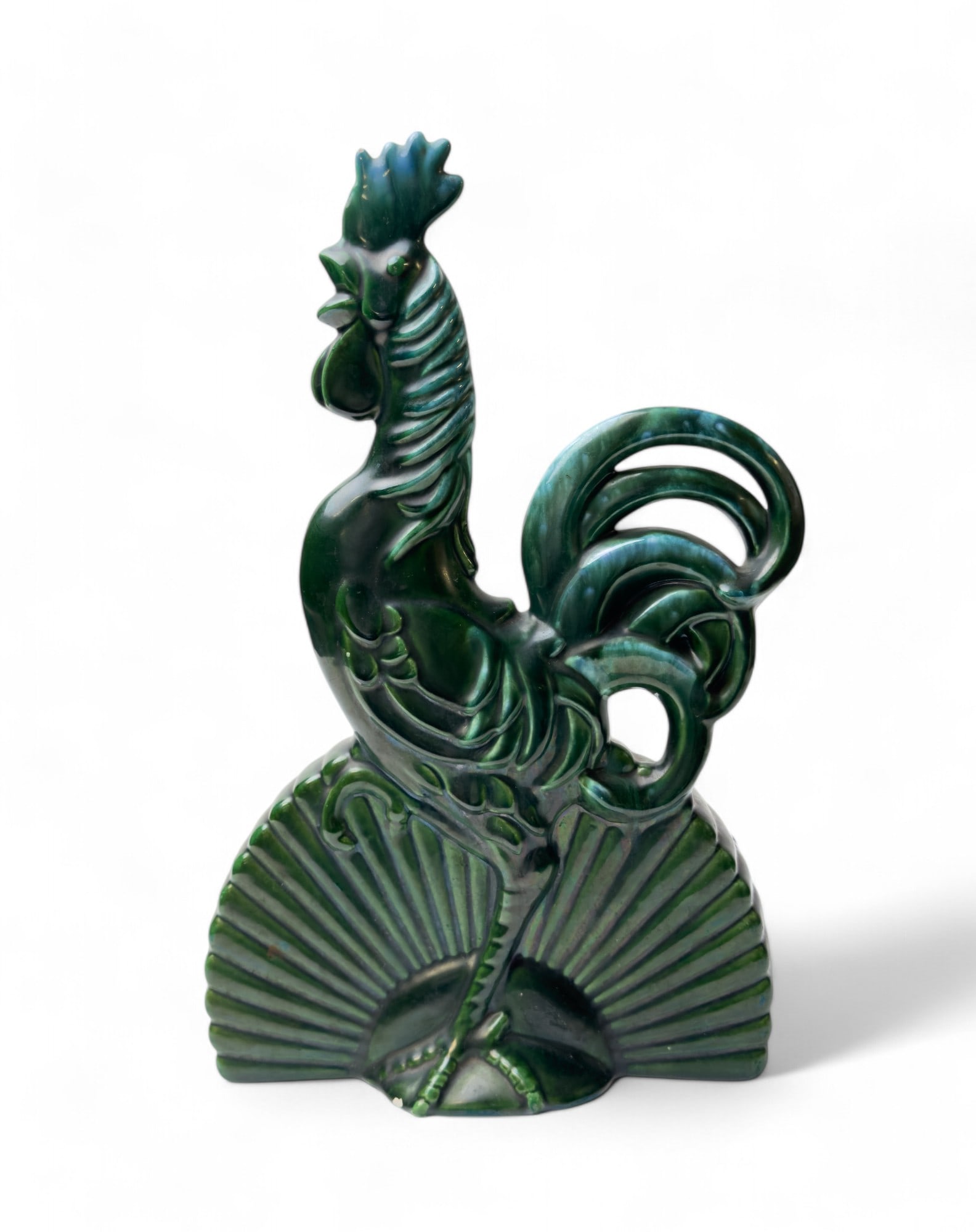 Emerald Green Royal Haeger Rooster Planter Lamp: Emerald green Royal Haeger rooster planter with attached light assembly. measuring approx. 14.25" H x 9.5" W x 6" D. A few areas of glaze loss are present.