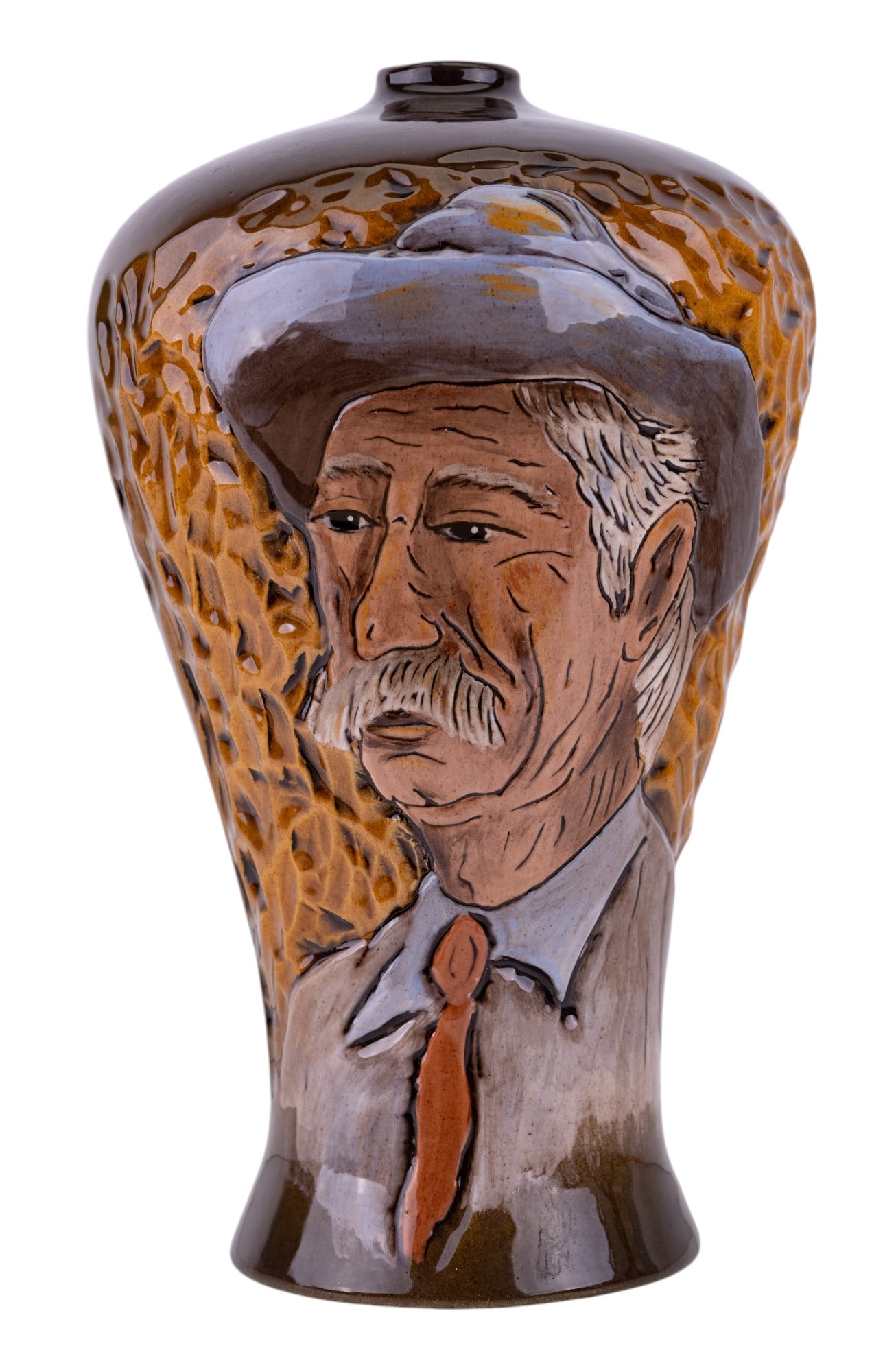 Fra Mae Art Pottery Vase with Portrait of Man: Fra Mae Art Pottery vase with relief carved portrait of man in suit and hat with hand painted glaze measuring approx. 10" H x 6.25" Dia. Marked "882" on bottom along with maker's mark.