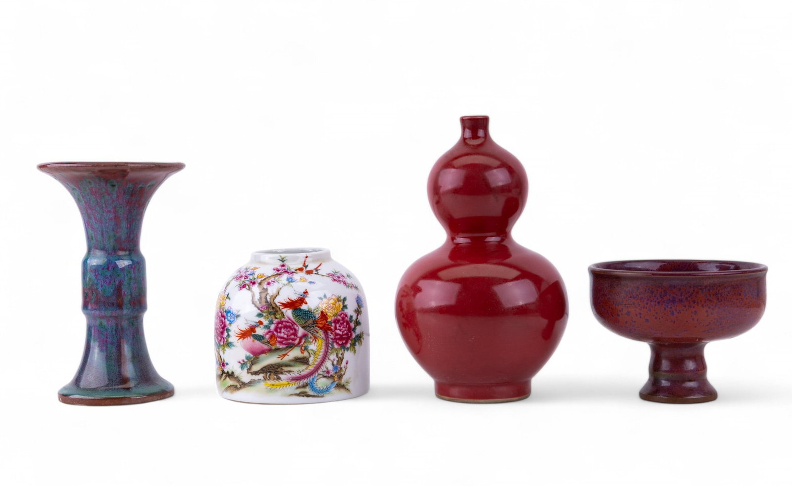 Chinese Gu & Feng Shui Gourd Vases + Jar & Bowl: Chinese Jun ware style Gu vase w/ combinations of blue-green & red glazes that create some light purple spots, Jun ware style bowl w/ red glaze broken up w/ many bluish-purple spots, deep red Feng Shu