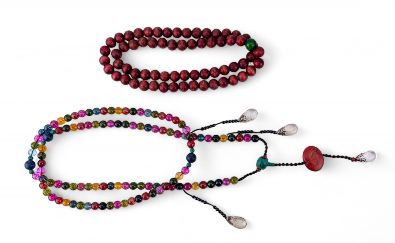 Glass Bead Tourmaline + Red Wood Bead Necklaces: Chinese-style multi-color glass bead & howlite bead tourmaline necklace approx. 40" end-to-end & red wood bead necklace w/ 1 green stone bead.