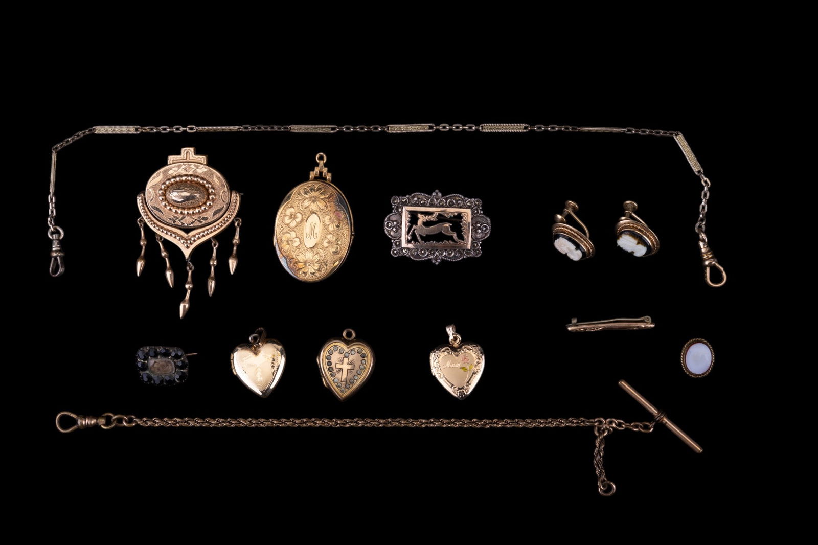 Gold Filled Lockets, Cameo Earrings, Pins, & More: 1/20 14K GF "Mom" heart locket pendant w/ pink rose, 1/20 12K GF handmade etched heart locket pendant w/ black & white photos of a woman & man, Van Dell 1/20 12K GF cameo screwback earrings, H.F.B. /