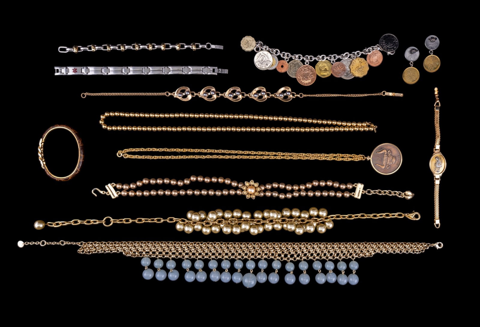 Carolee, Reed & Barton, Metallic Bead Jewelry: Carolee gold tone 2-strand bead necklace w/ Carolee gold rhinestone flower brooch attached to bead strands, Taurus bronze medallion gold tone chain necklace, Lenora Dame gold tone bead chain necklace,