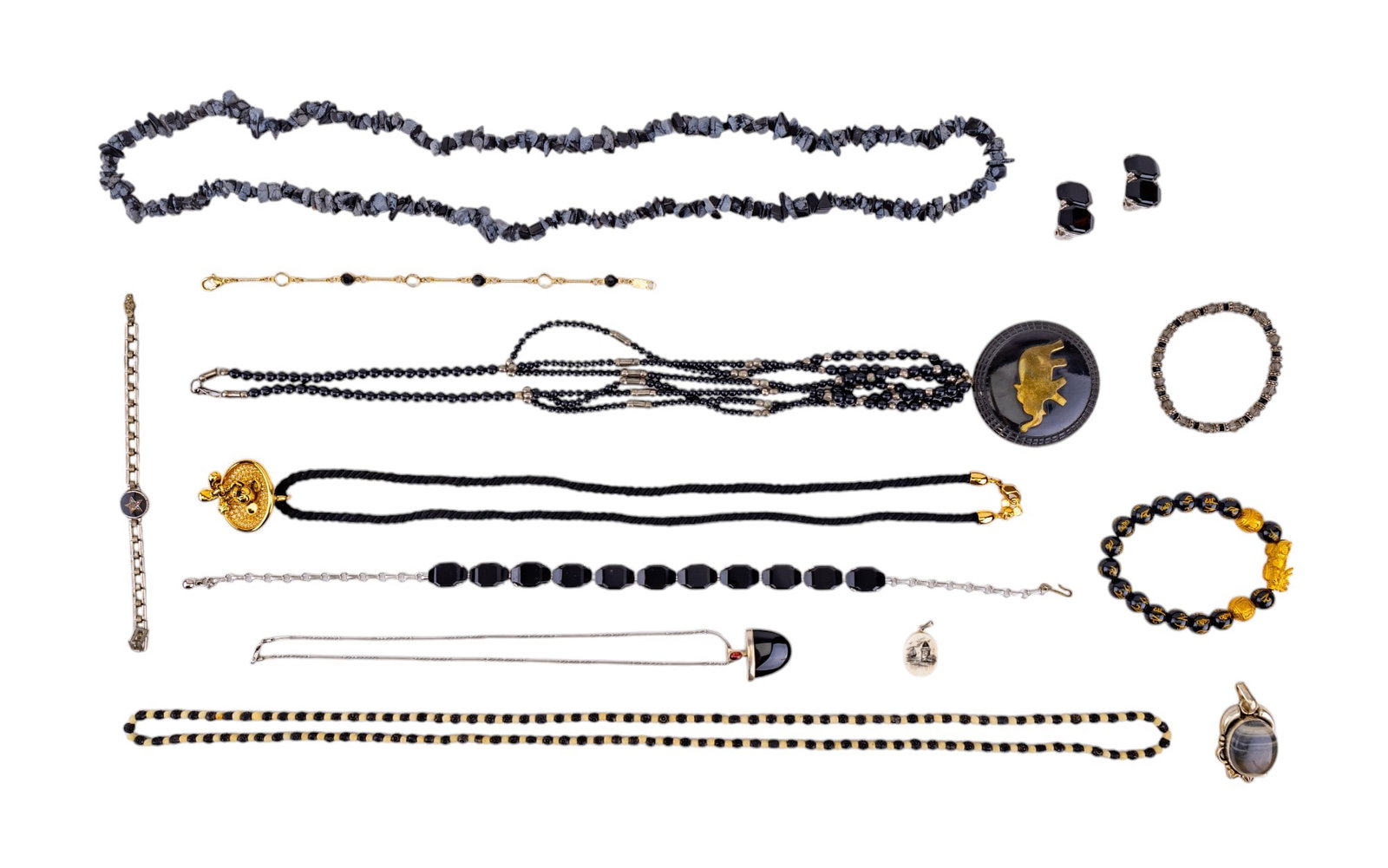 Sterling, Napier Disney, Snowflake Obsidian & More: Sterling silver black drop pendant necklace w/ magenta cabochon accent, Disney Napier gold tone Mickey Mouse pendant w/ crystal rhinestones black rope necklace, gray/black & white agate cabochon silve