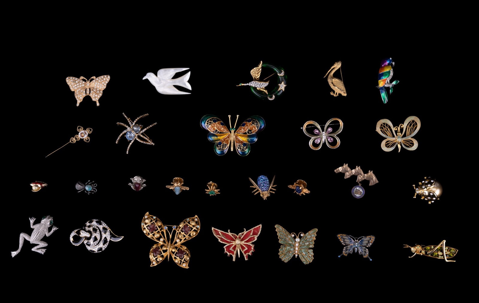 KJL, Avon, Monet, & More Designer Animal Brooches: Sterling silver winged insect brooch w/ turquoise accent, Kenneth Jay Lane black enamel & crystal rhinestone gold tone diamondback snake brooch, Avon gold tone butterfly brooch w/ imitation pearls & b