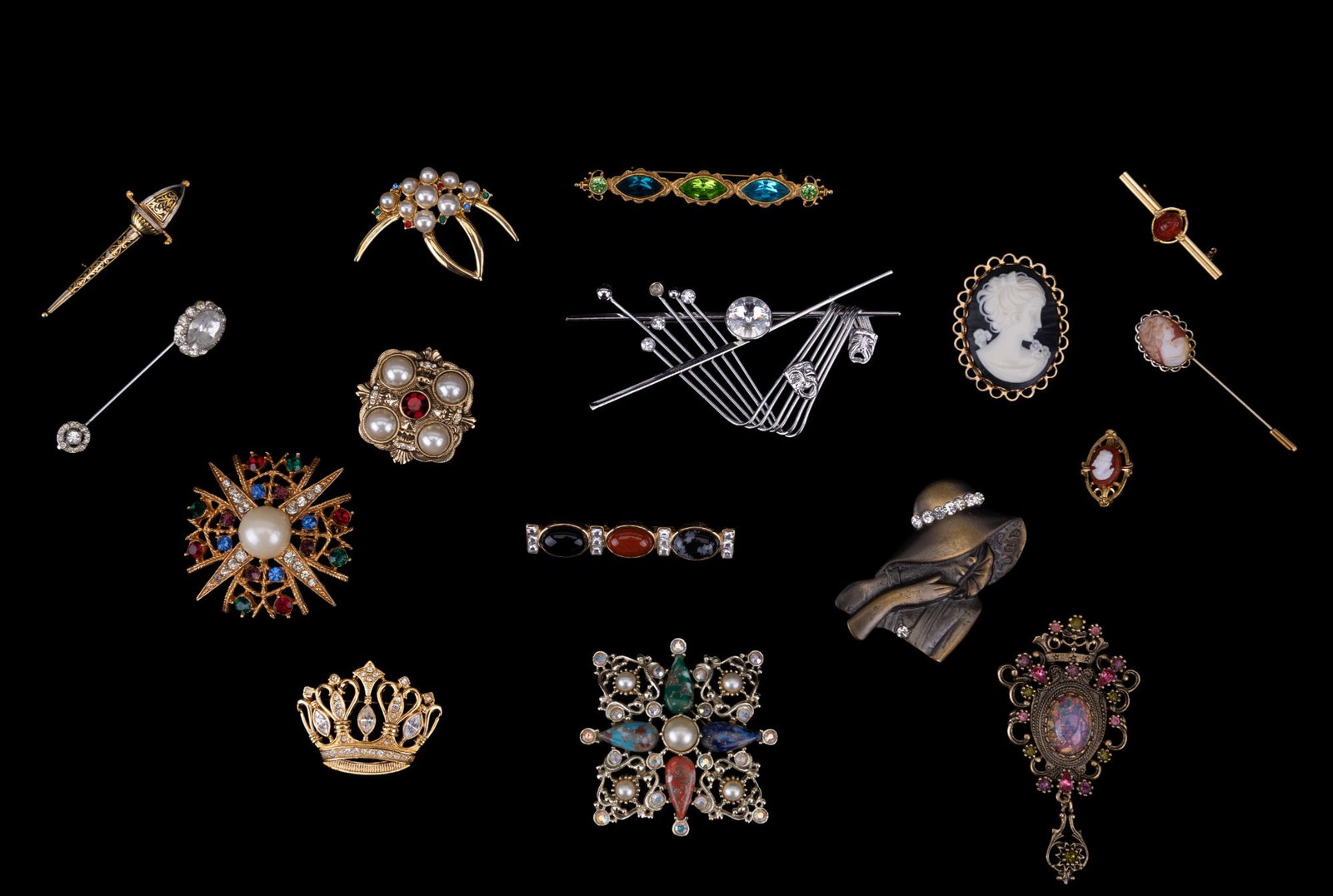 Coventry, KJL for Avon, Cameo, & More Brooches: vintage Sarah Coventry 1960s "Galaxy" Maltese cross brooch w/ aurora borealis rhinestones, multicolored glass stones, & imitation pearls; Kenneth Jay Lane for Avon gold tone crown brooch w/ crystal rh
