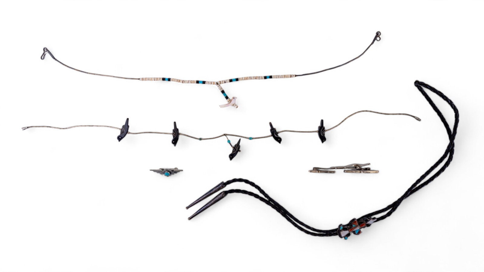 Native American Sterling Harvey, Necklaces, & Bolo: Native American Fred Harvey thunderbird brooch w/ turquoise accent, sterling black bird bead necklace approx. 17" long, heishi bead choker necklace w/ bird pendant, Zuni knifewing bolo tie (turquoise,