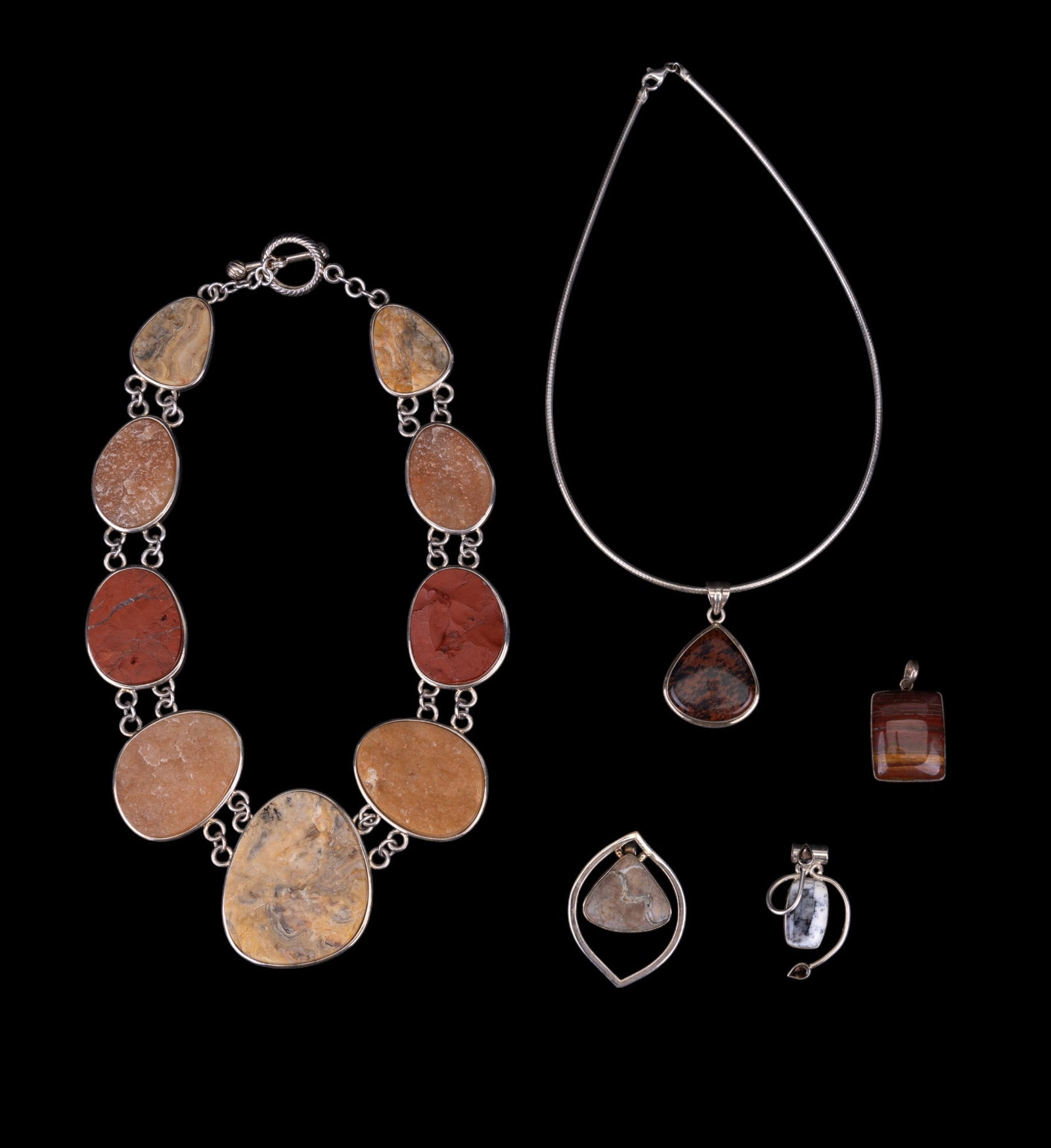 Sterling Silver Jasper & Agate Necklaces, Pendants: Sterling silver .925 graduated toggle necklace w/ natural picture jasper, natural orange calcite, natural red jasper; Italy .925 sterling Mahogany obsidian drop pendant necklace; raw agate sterling pe