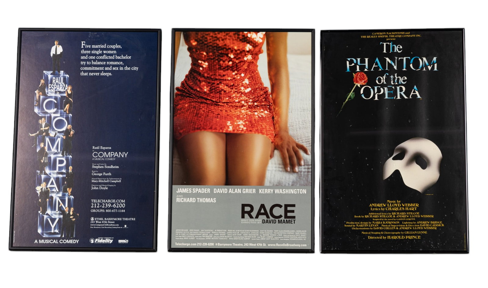 Framed Broadway Posters (6): Six framed Broadway production posters (14" x 22") "The Phantom of the Opera", "Amadeus", "Sunday in the Park with George", "Race", "Kiss of the Spider Woman", and "The Company" in black metal frames.