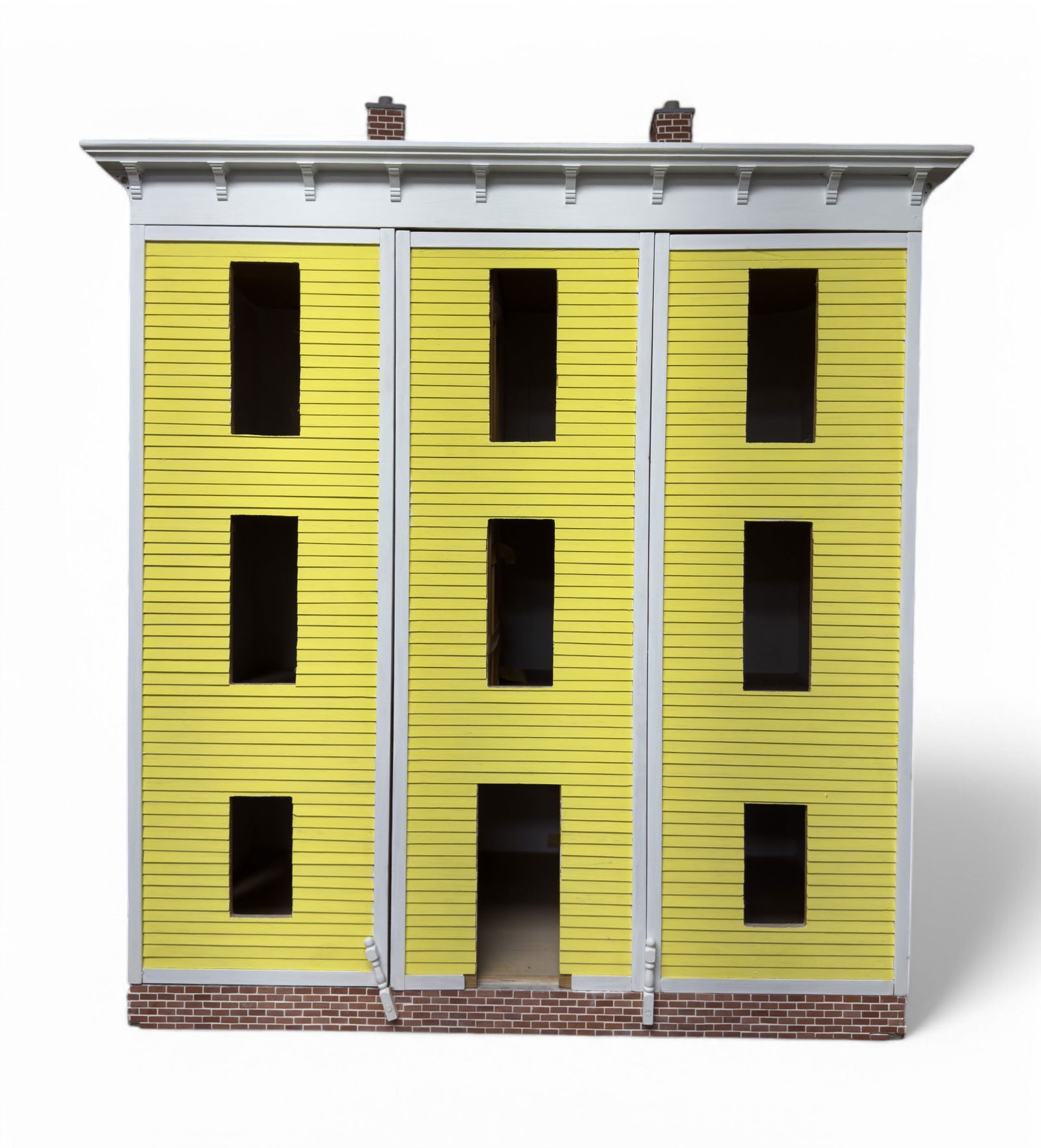 Over 3' H Three Story Doll House: Over 3' high three-story hand made doll house (approx 17" D x 32" W) with yellow painted siding, stone brick accents (some brick loss on bottom corners), two chimney stacks, one side of the house has