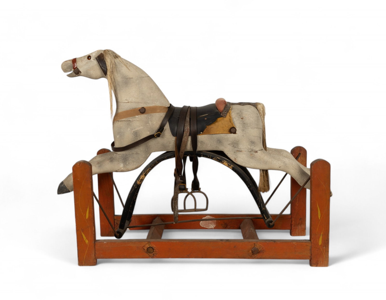 Victorian Rocking Horse: Hand painted antique Victorian wooden rocking horse, note wear and chips due to age and use, 34x14x28.