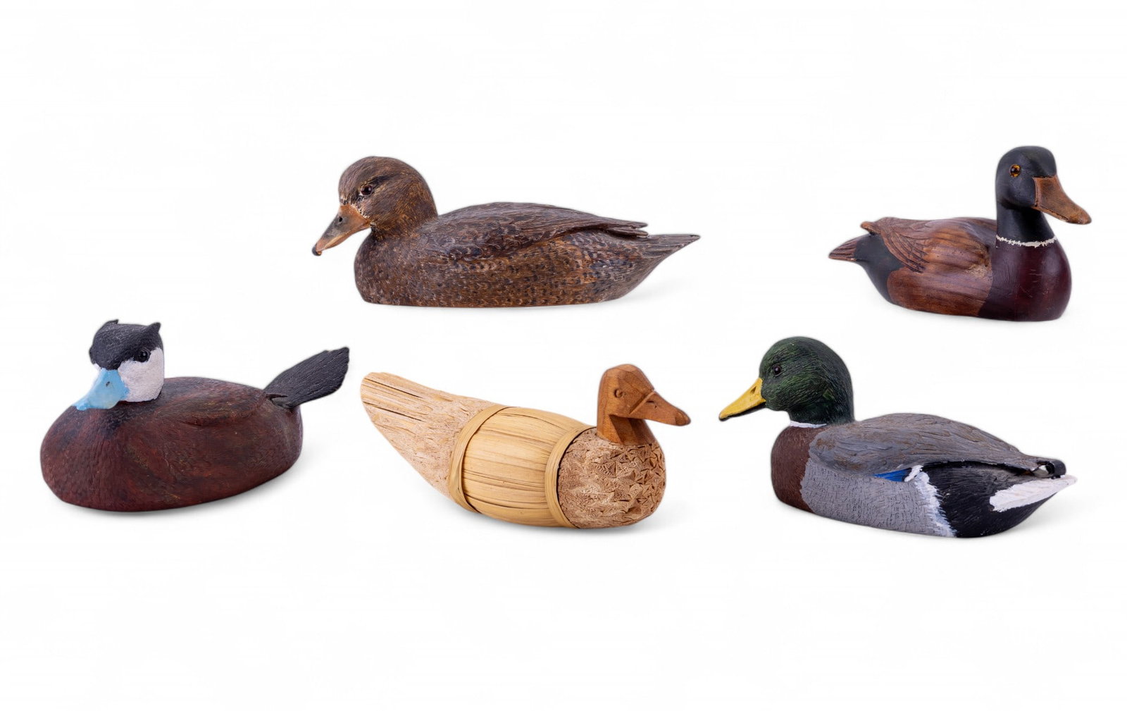 Hand Made Duck Figurines: Hand made cane reed duck statuette, 9", carved wooden Mallard signed R. Clarke, Canadian, based out of Vancouver Island, BC, 7.5", hen mallard, 9", mallard drake,9", and ruddy duck 9", all hand carved