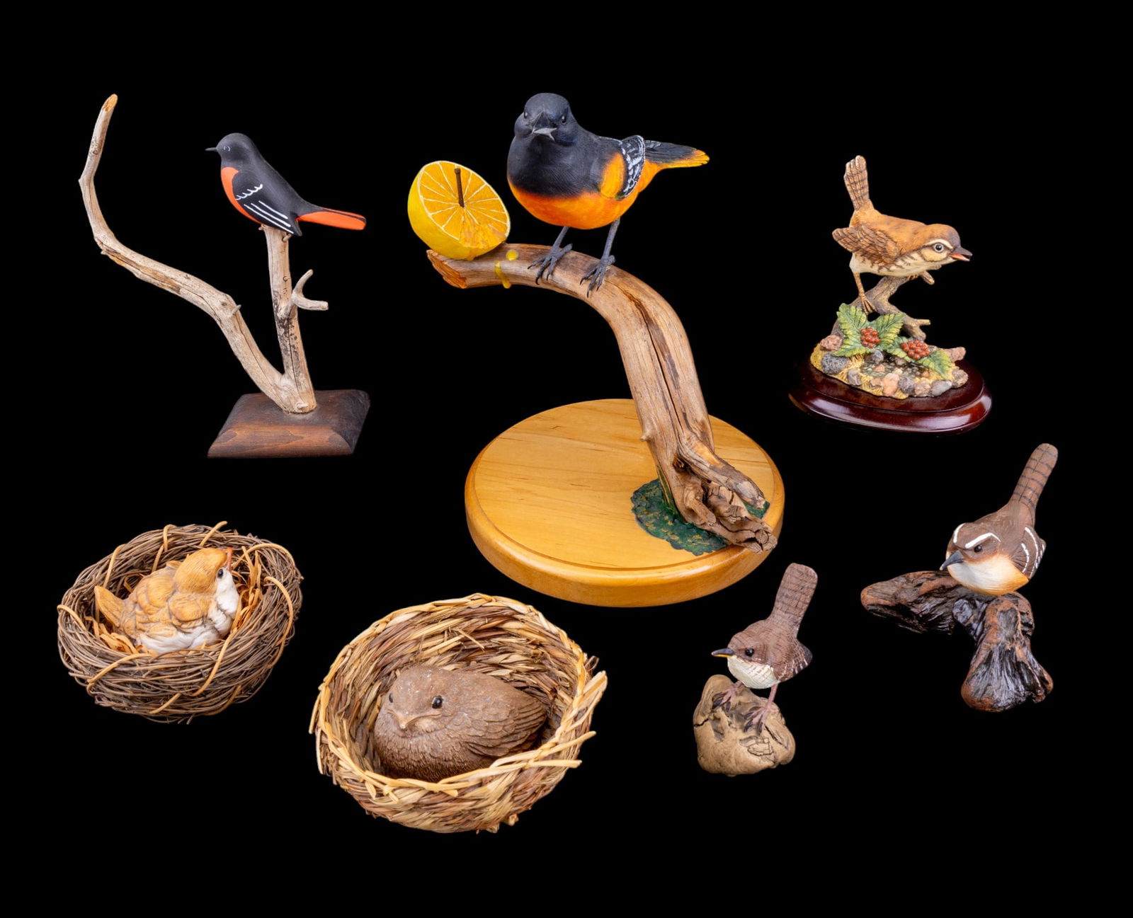 Bird Figurines and Statuettes: Hand painted Sandicast Sculpture figurine of baby bird in nest, small ceramic bird in nest, not signed, composite resin house wren statuette from the Premier Bird Collection by Maruri 4x5", composite
