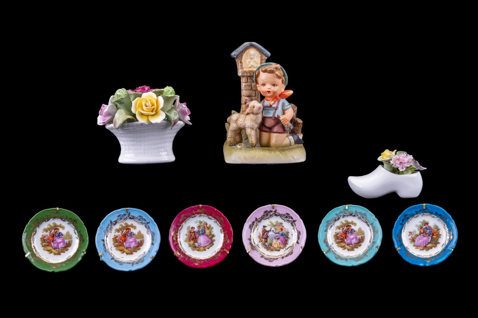 Miniature Limoges, Aynsley, Coalport, and Arnart: A collection of six miniature Limoges decorative plates with wall hanging brackets, miniature bone china clog and flower Coalport figurine, bone china June-Basket of Roses Aynsley figurine, and a vint