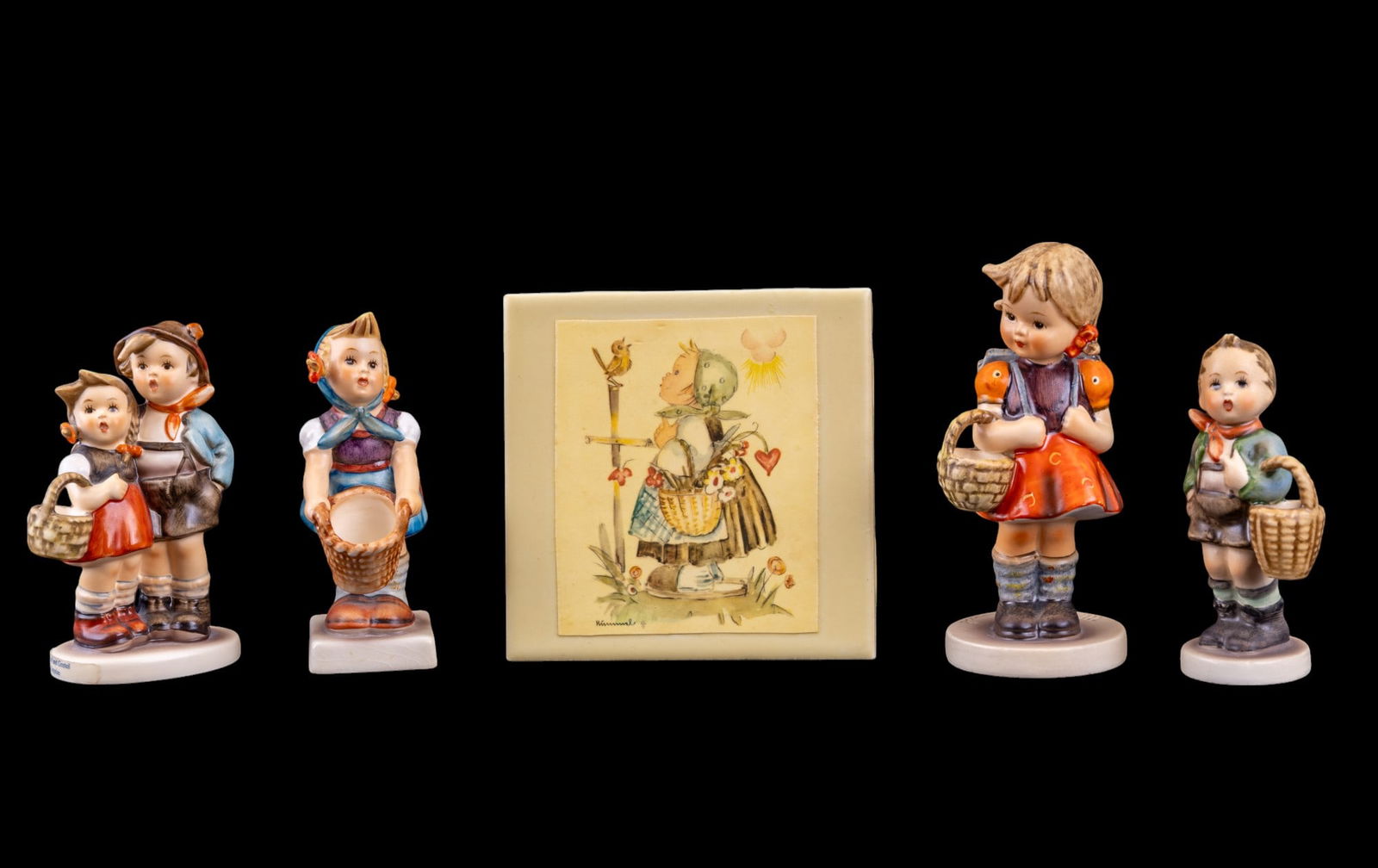 M. I. Hummel Figurines: Village Boy #51 3/0 4", Little Helper #73 4", Hansel and Gretel Surprise #94 3/0 4", School Girl #81 2/0, and Hummel art tile trivet. No chips or cracks.