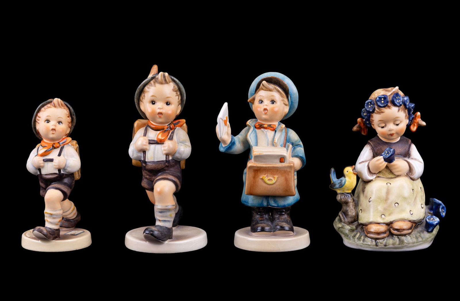 M. I. Hummel Figurines: Postman #119 5", School Boy #82 5", and #82 2/0 4", and The Botonist #351 4". No chips or cracks.