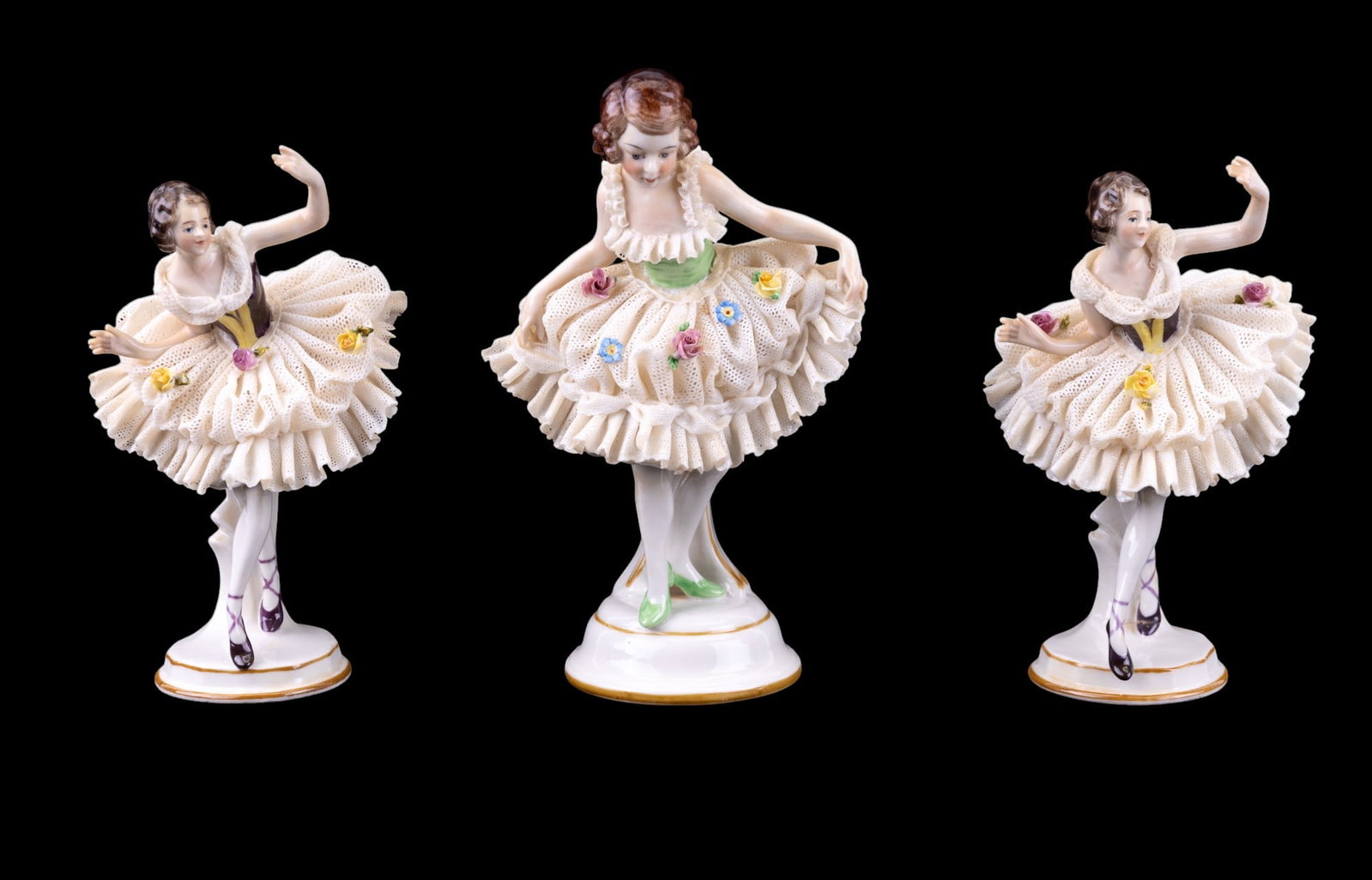 Volkstedt Dresden Porcelain Lace Dancers (3 Pc.): Three Volkstedt Dresden Porcelain Lace Dancers. Includes two lace dances measuring approx. 5.5" tall with serial #13587, along with one 6.5" dancer with serial #12050. Dancers are in good condition in
