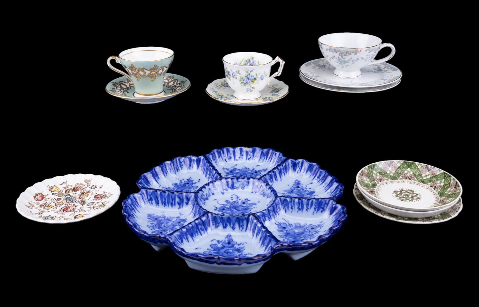 Portuguese Platter, Aynsley and Other Tea Cups: Aynsley green and gold pattern 1215 tea cup and saucer, Aynsley Marine Rose 2872 tea cup and saucer, Seville Imperial China tea cup and two bread plates designed by W. Dalton, two 19th C. saucers and