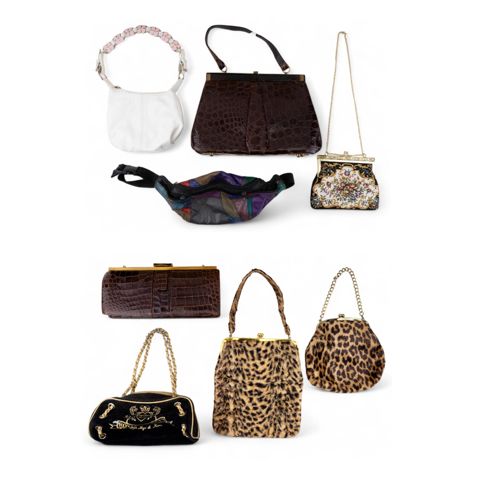 Evans Alligator Skin, Berge Leather & Cloth Purses: Evans brown alligator skin purse, other brown alligator skin purse approx. 9.5" x 14", vintage multi-color leather fanny pack, Berge white leather purse, 2 leopard print cloth purses, & 2 other cloth 
