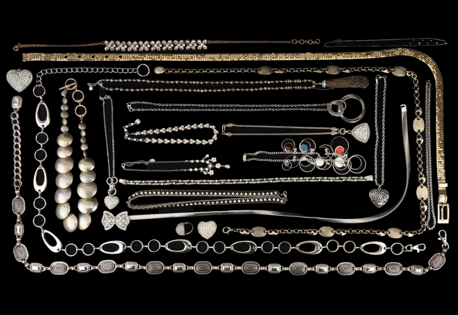 Bogoff, J. Crew & Other Rhinestone Jewelry + Belts: J. Crew gold tone & rhinestone flower necklace approx. 23" long, Bogoff silver tone & crystal rhinestone link necklace, RK silver tone & crystal rhinestone necklace, 6 other necklaces w/ rhinestone ac