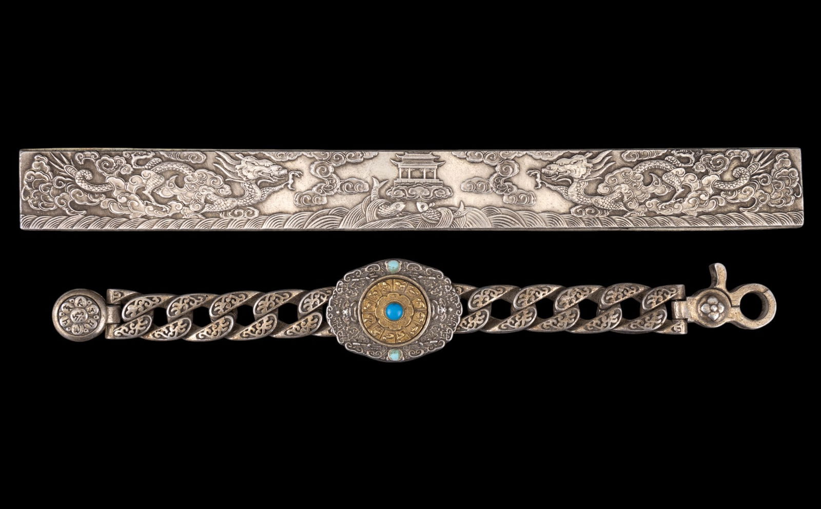 Sterling Silver Chinese Zodiac Bracelet + Ruler: Chinese sterling silver .925 Gushi Hang 2021 rotating zodiac dial bracelet w/ ornate detailing & Tibetan silver ruler / paperweight w/ mirrored 4-clawed dragons & 2 fish below a pavilion. Bracelet mea