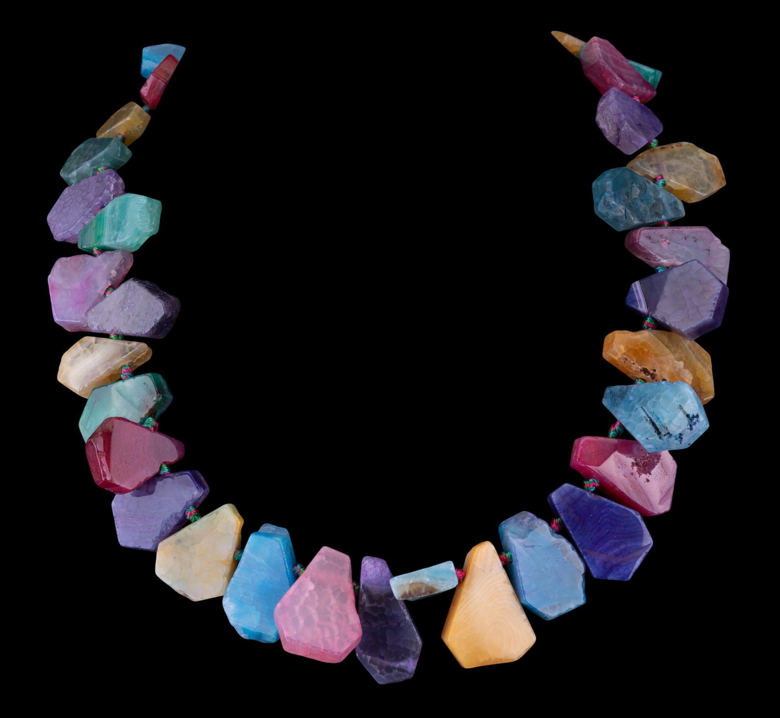 Unique Agate Sterling Necklace: Rainbow agate-enhanced bright necklace with sterling closure.