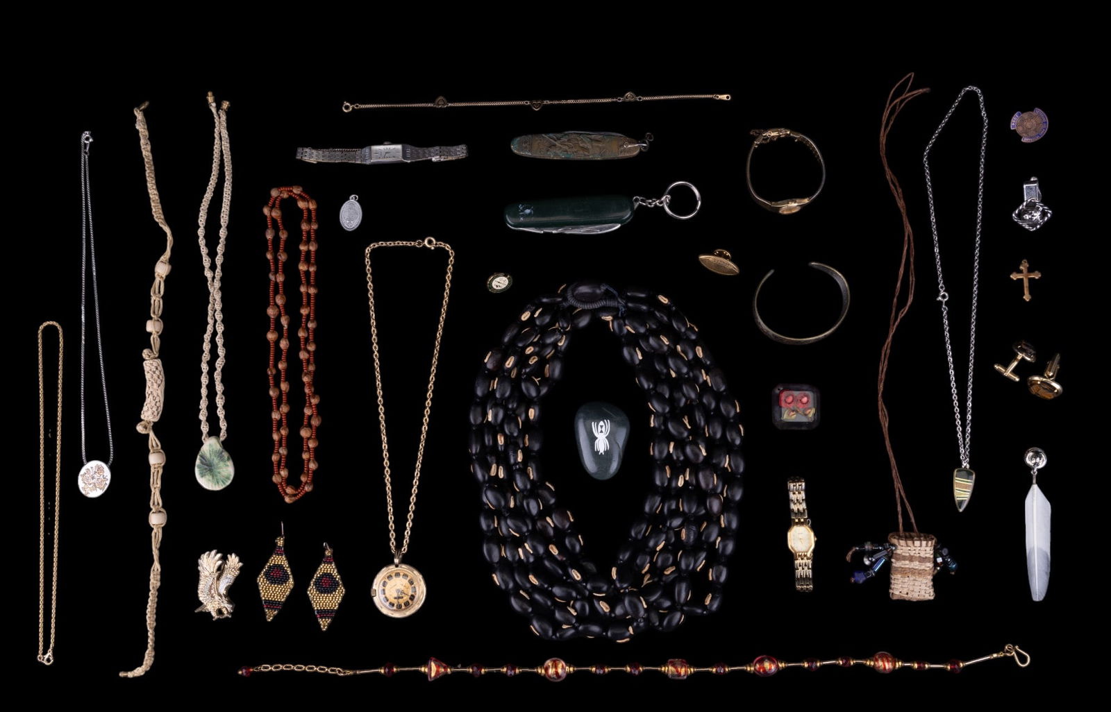 Eclectic Jewelry Collection: Arnex Germany stainless knife, stones, artisan and beaded southwest necklaces, stone scorpion, cuff links, and Seiko watches and more. Watches untested/as found.